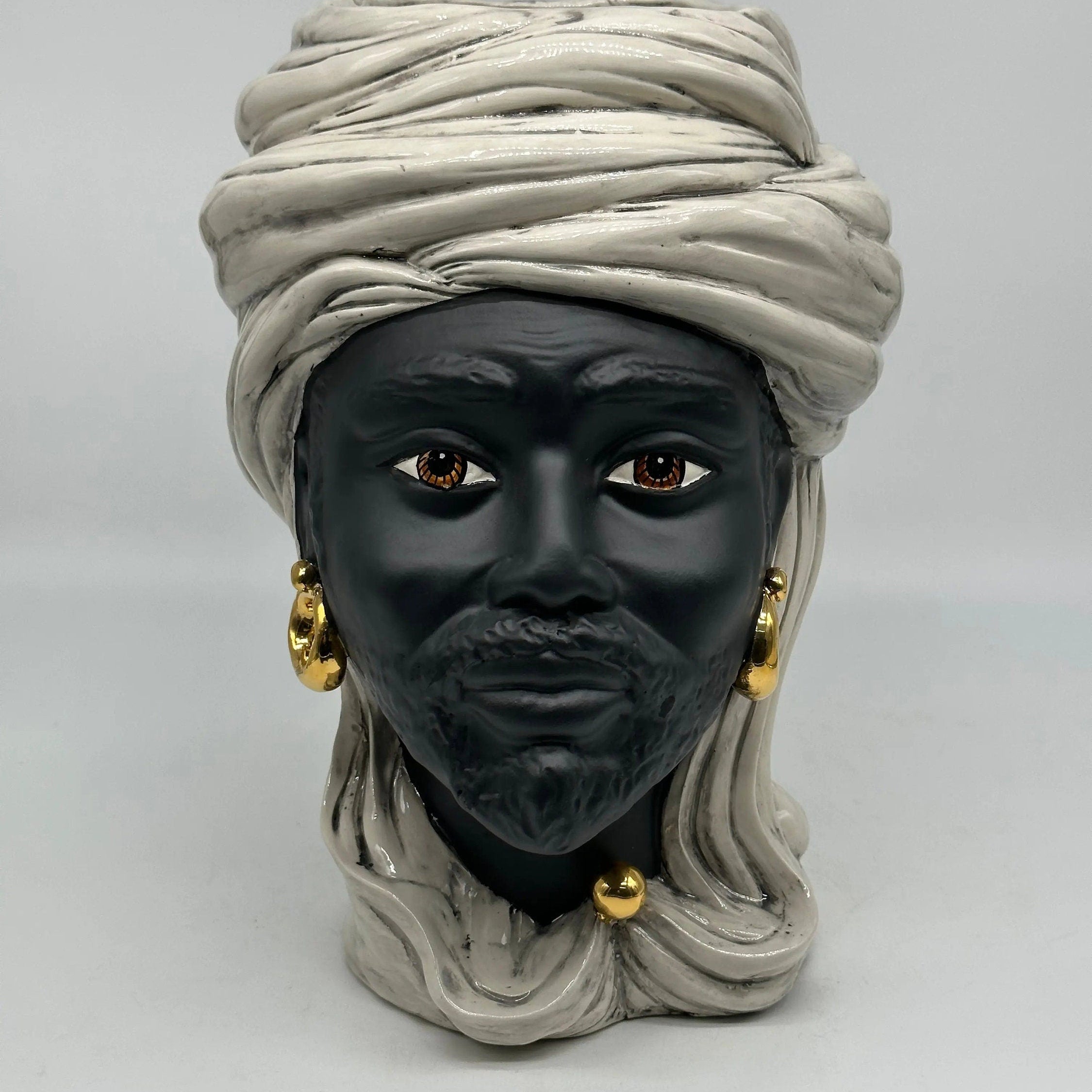 Teste di Moro Anubi Ceramica Caltagirone cm H.29 L.20 Artigianale Grigio Nero Oro DD CERAMICHE SICILIANE