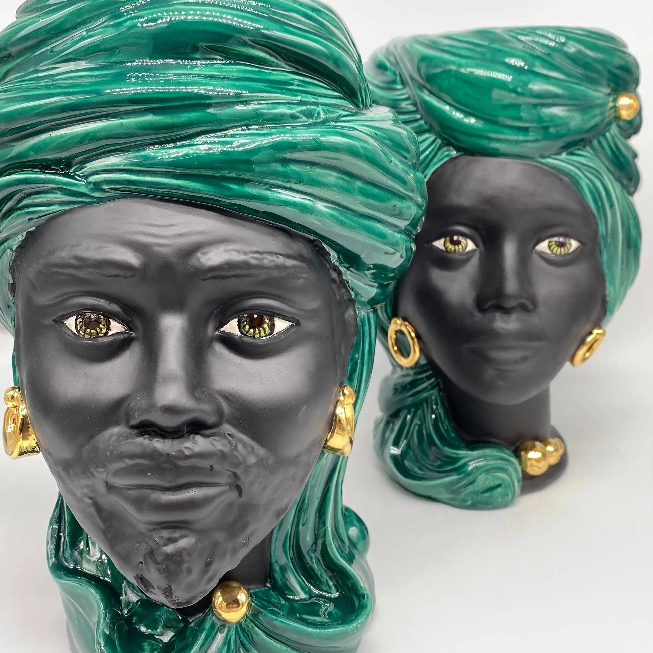 Teste di Moro Anubi Ceramica Caltagirone cm H.29 L.20 Artigianale Verde Nero Oro DD CERAMICHE SICILIANE