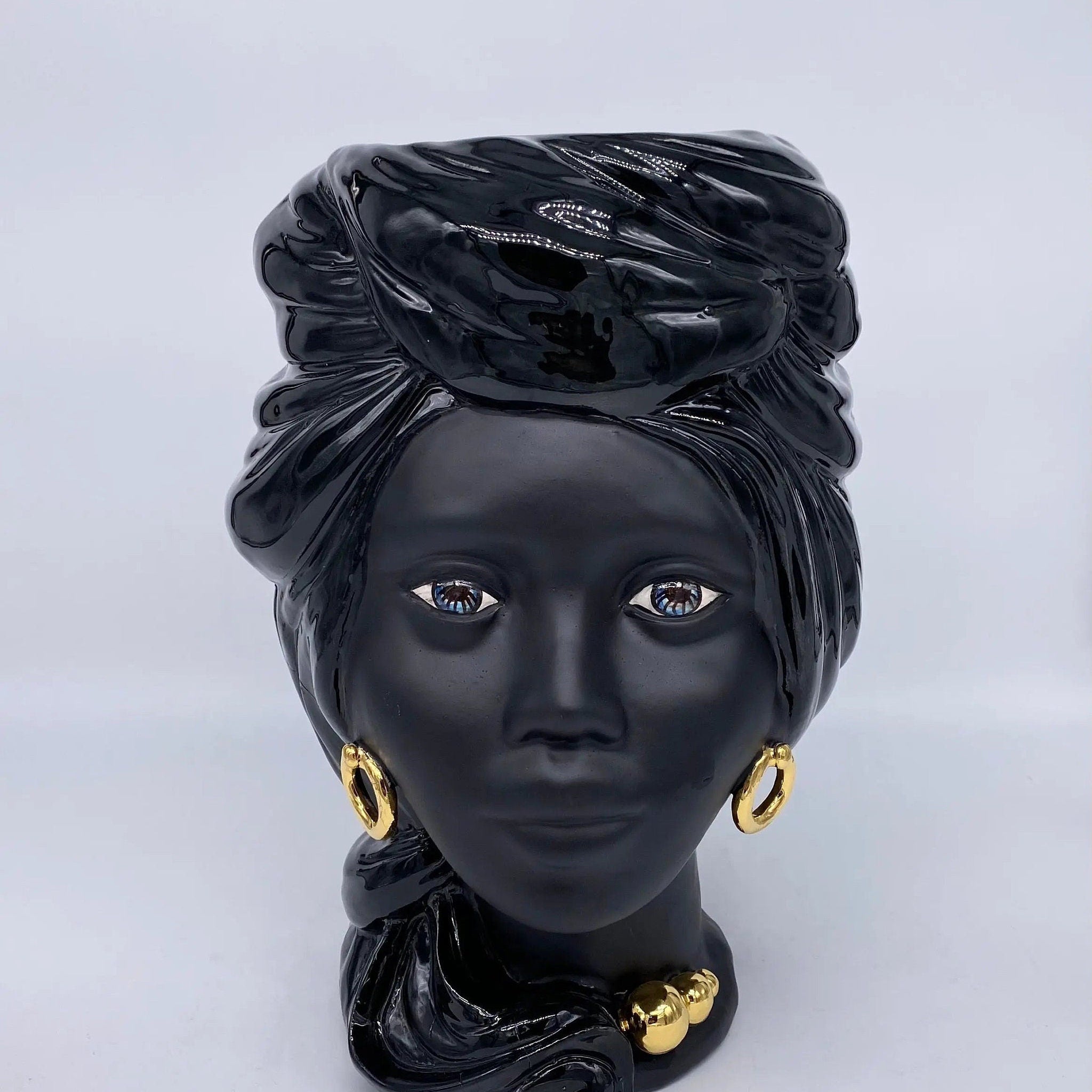 Teste di Moro Anubi Ceramica Caltagirone cm H.29 L.20 Artigianale Nero Oro DD CERAMICHE SICILIANE