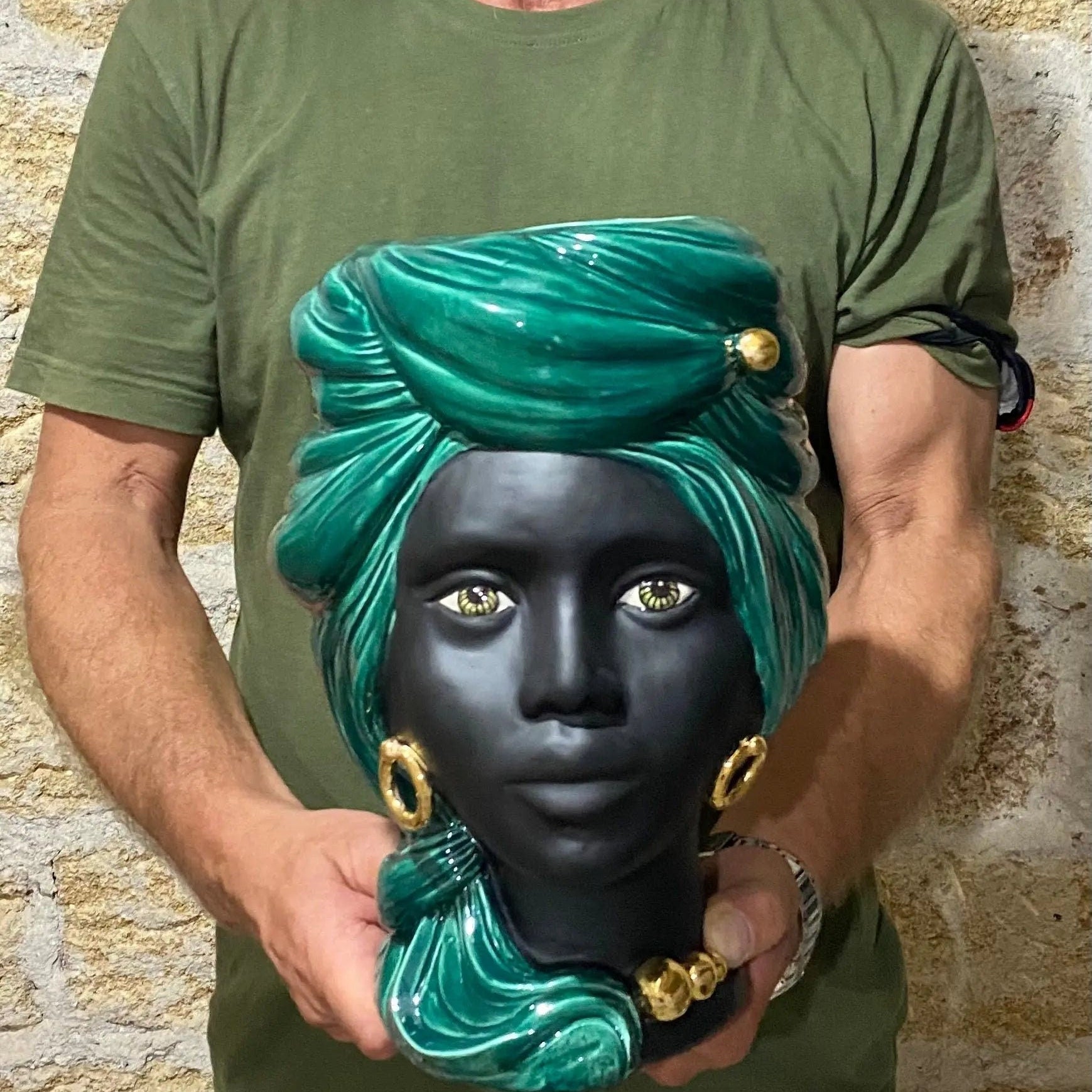 Teste di Moro Anubi Ceramica Caltagirone cm H.29 L.20 Artigianale Verde Nero Oro DD CERAMICHE SICILIANE