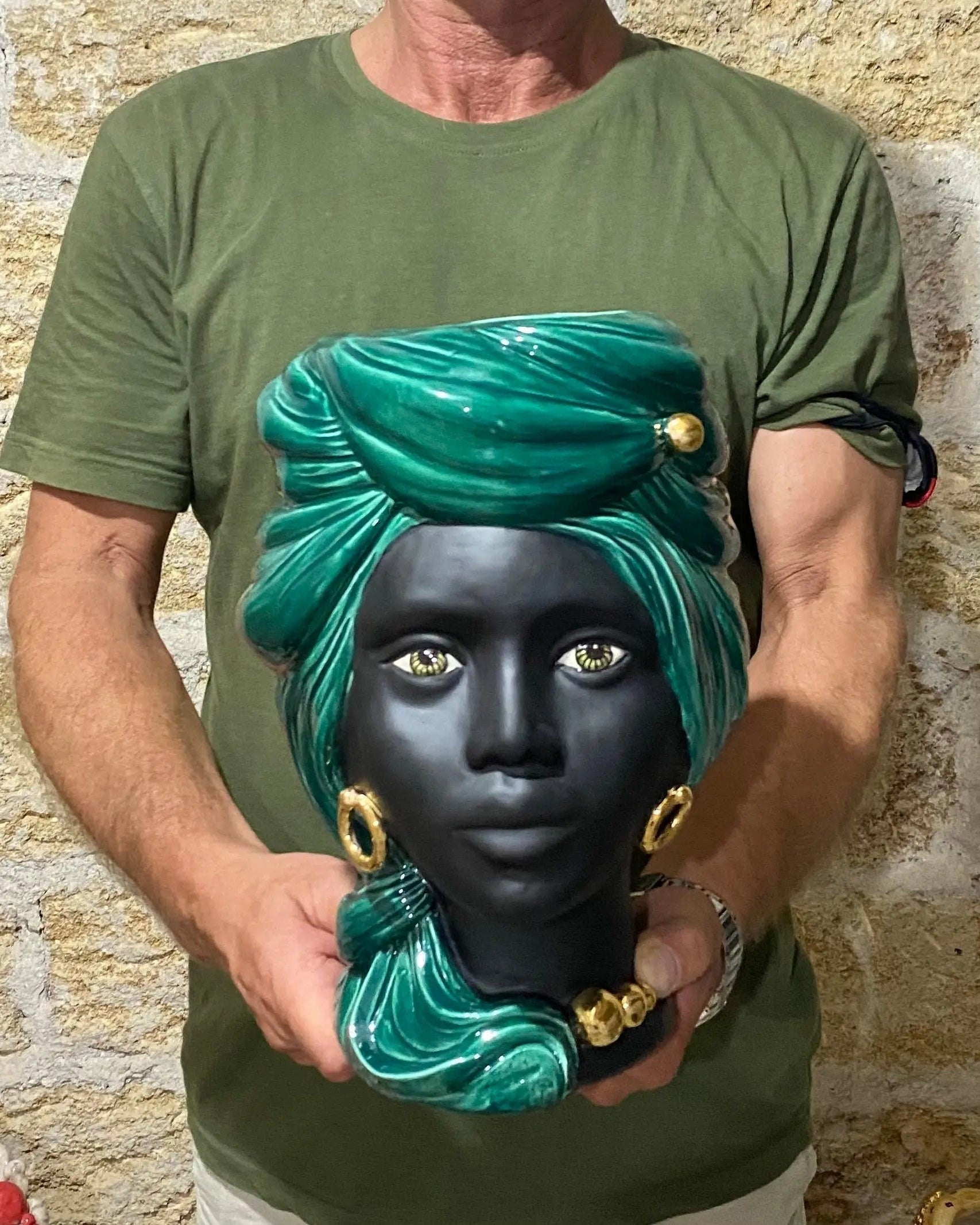 Teste di Moro Anubi Ceramica Caltagirone cm H.29 L.20 Artigianale Verde Nero Oro DD CERAMICHE SICILIANE