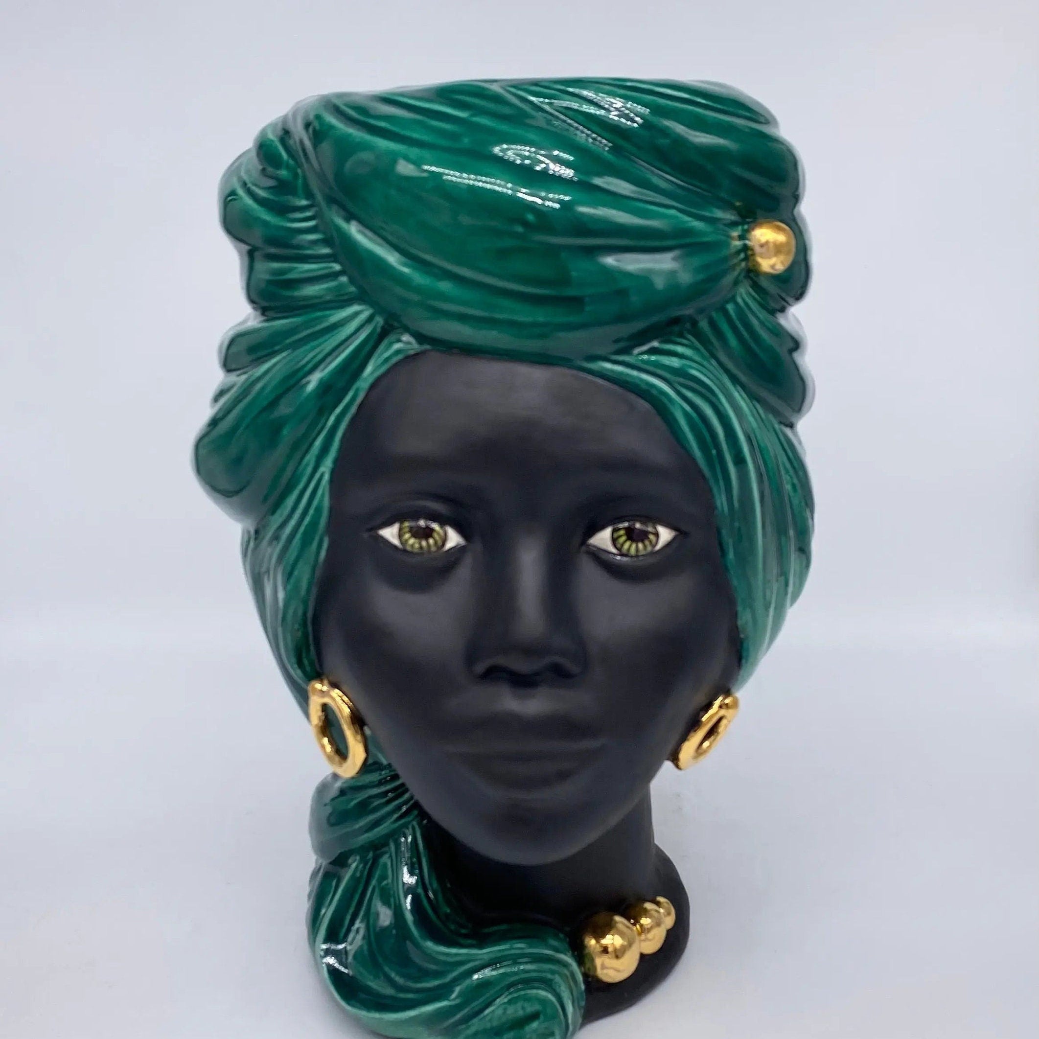 Teste di Moro Anubi Ceramica Caltagirone cm H.29 L.20 Artigianale Verde Nero Oro DD CERAMICHE SICILIANE