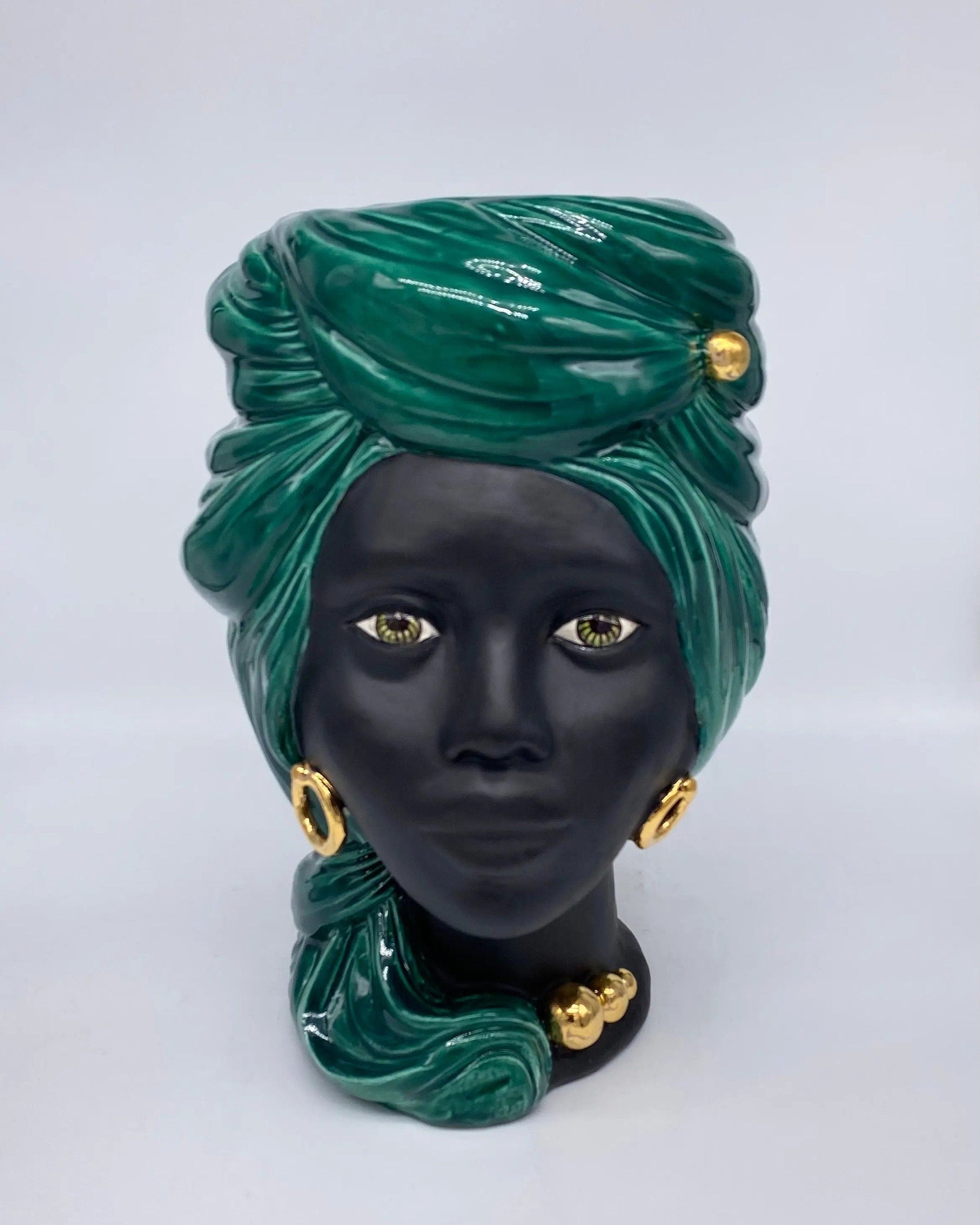 Teste di Moro Anubi Ceramica Caltagirone cm H.29 L.20 Artigianale Verde Nero Oro DD CERAMICHE SICILIANE