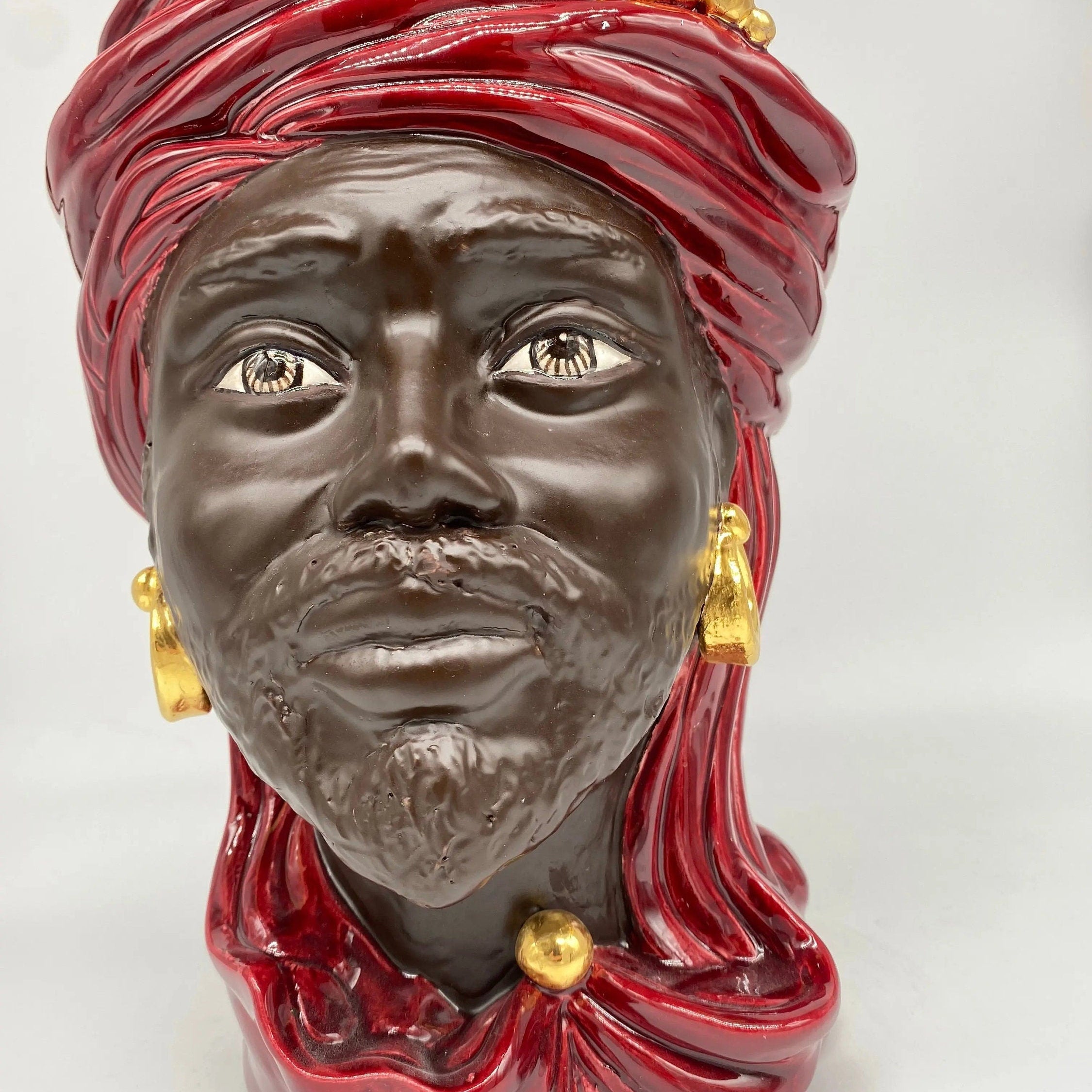 Teste di Moro Anubi Ceramica Caltagirone cm H.29 L.20 Artigianale Bordeaux Marrone Oro DD CERAMICHE SICILIANE