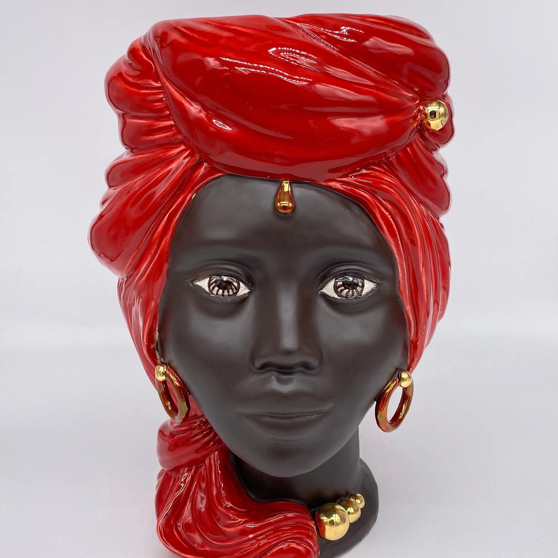 Teste di Moro Anubi Ceramica Caltagirone cm H.29 L.20 Artigianale Rosso Marrone Oro DD CERAMICHE SICILIANE