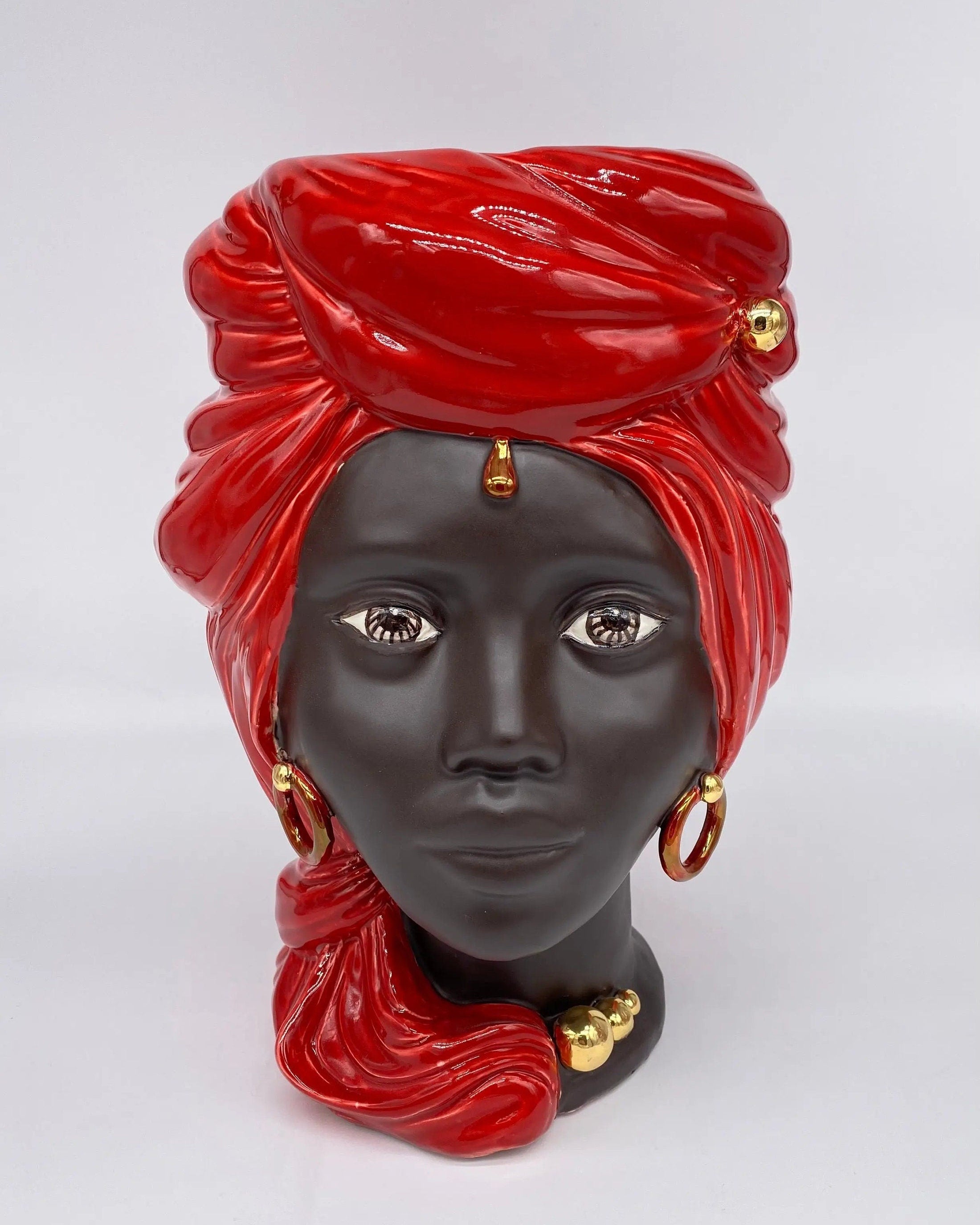Teste di Moro Anubi Ceramica Caltagirone cm H.29 L.20 Artigianale Rosso Marrone Oro DD CERAMICHE SICILIANE
