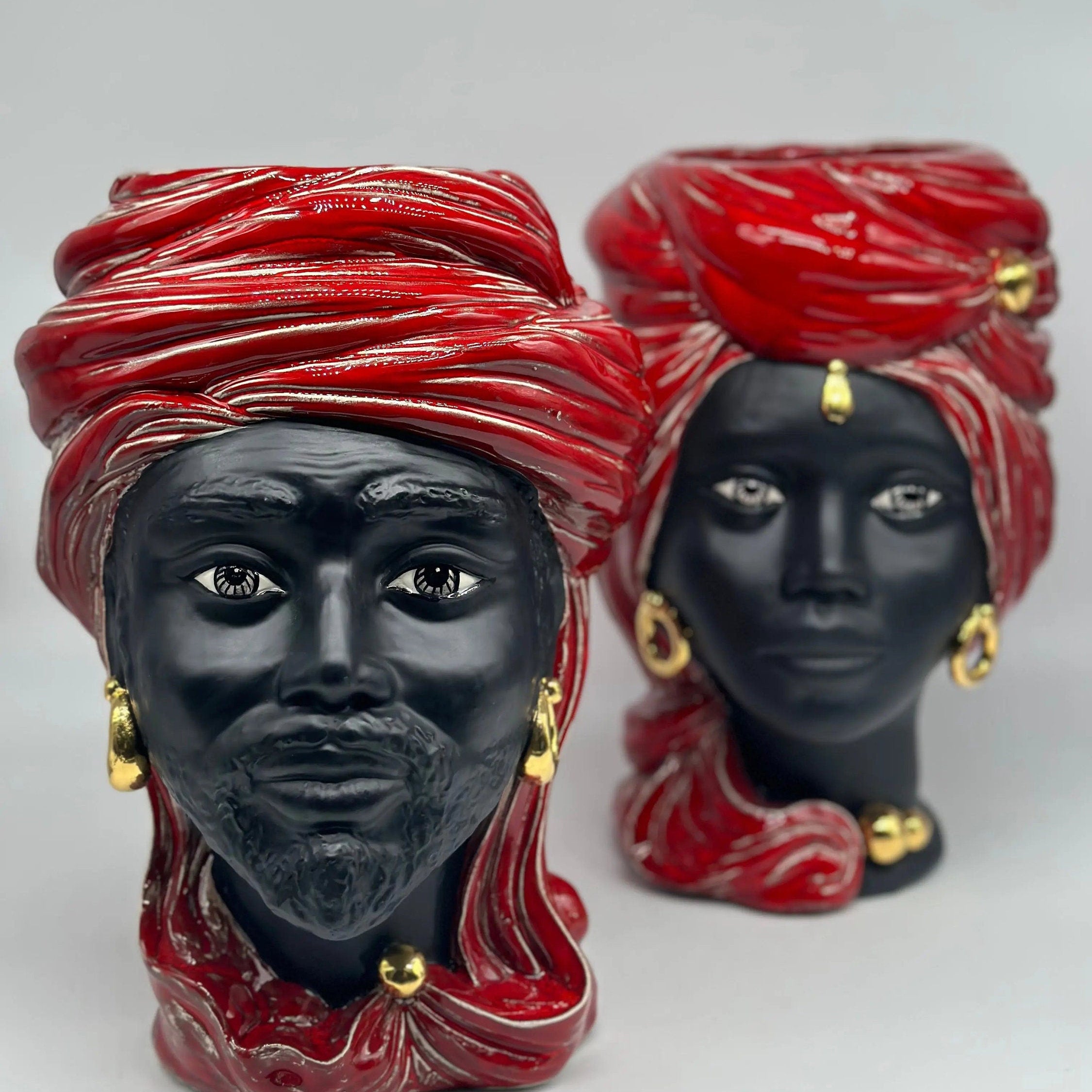 Teste di Moro Anubi Ceramica Caltagirone cm H.29 L.20 Artigianale Rosso Magma Oro DD CERAMICHE SICILIANE