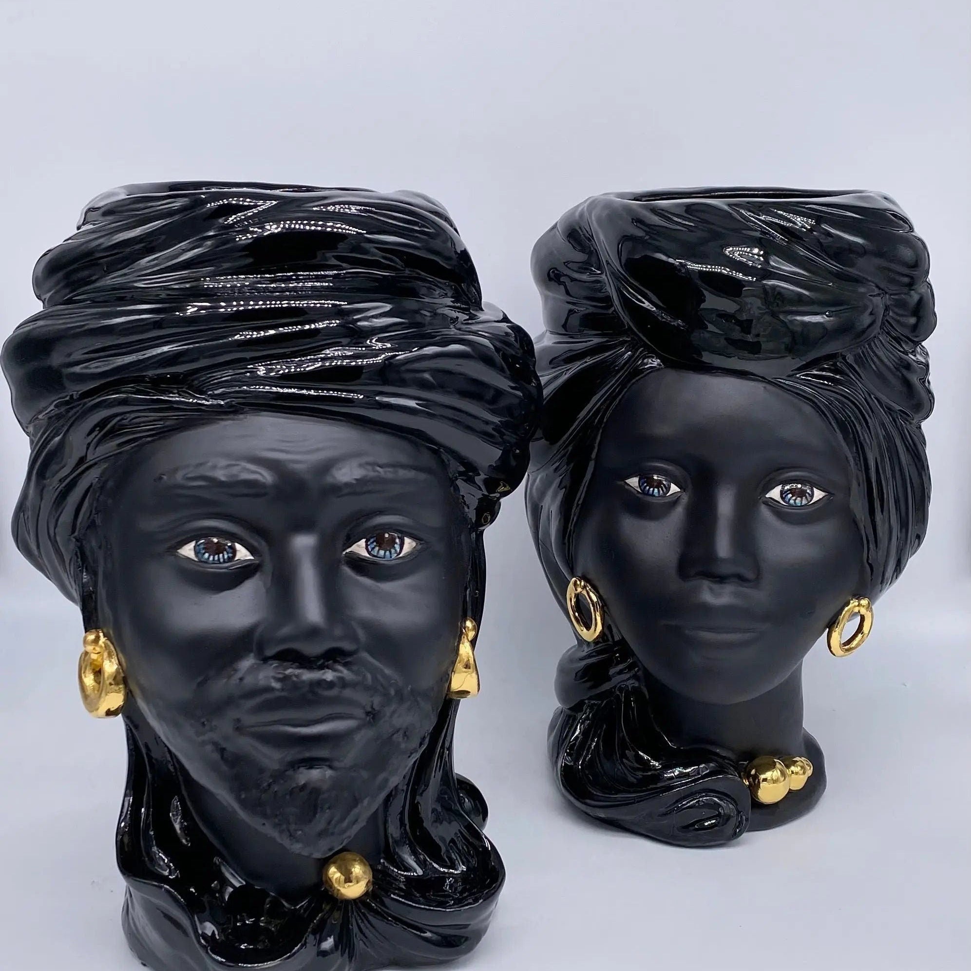 Teste di Moro Anubi Ceramica Caltagirone cm H.29 L.20 Artigianale Nero Oro DD CERAMICHE SICILIANE