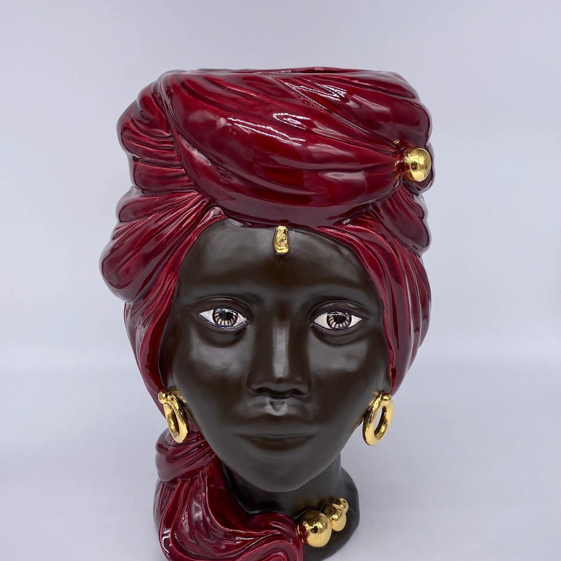 Teste di Moro Anubi Ceramica Caltagirone cm H.29 L.20 Artigianale Bordeaux Marrone Oro DD CERAMICHE SICILIANE