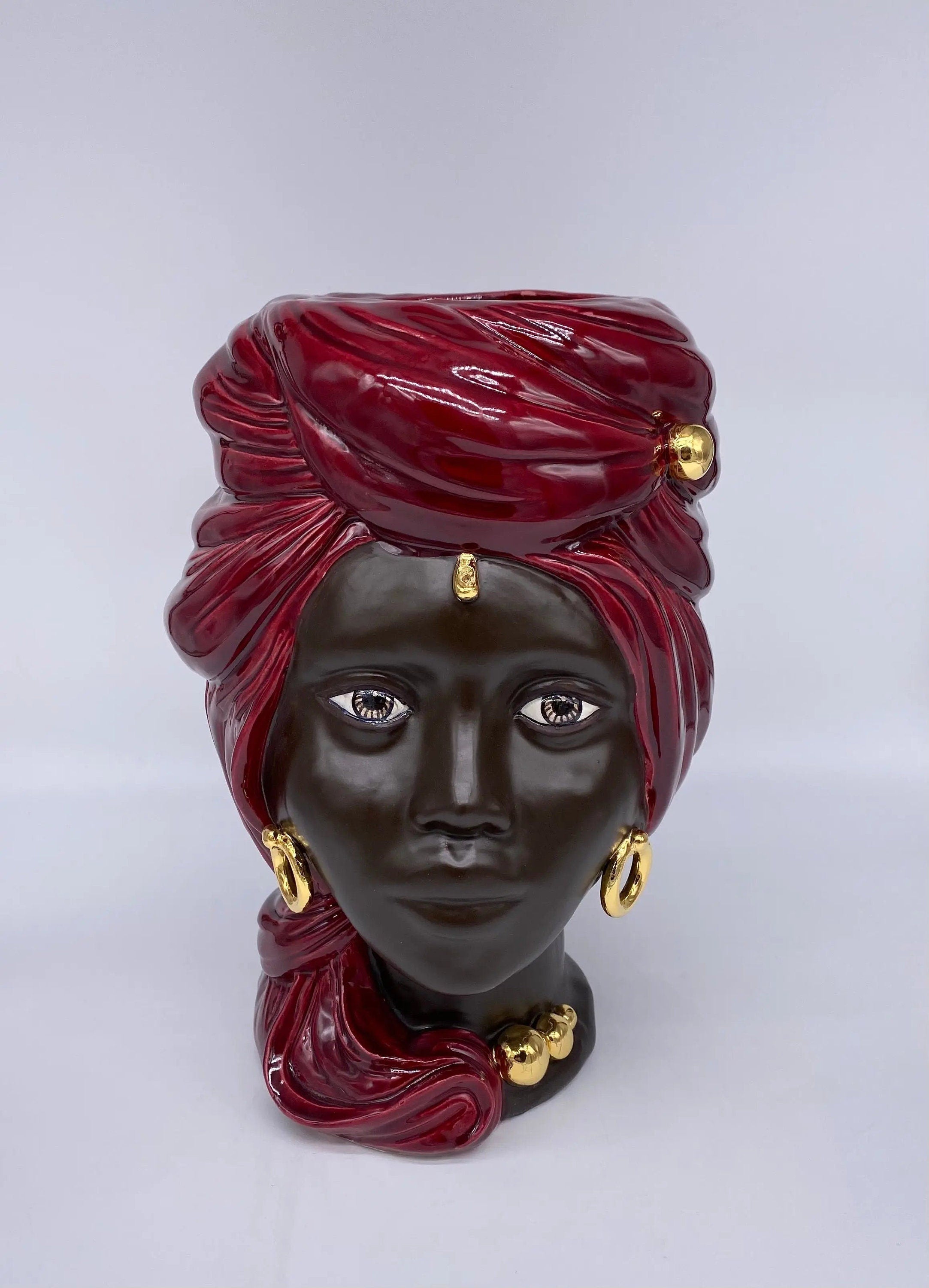 Teste di Moro Anubi Ceramica Caltagirone cm H.29 L.20 Artigianale Bordeaux Marrone Oro DD CERAMICHE SICILIANE