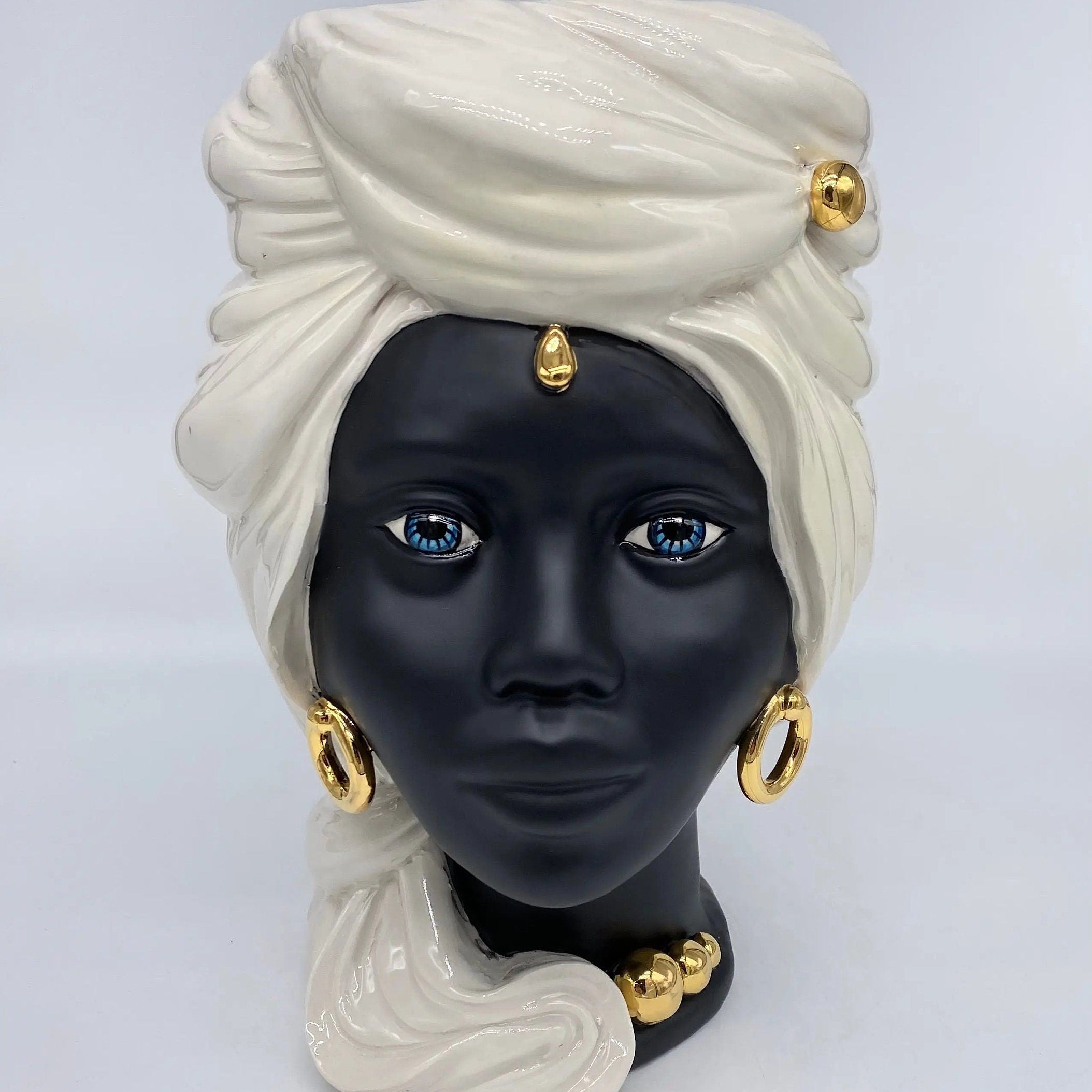 Teste di Moro Anubi Ceramica Caltagirone cm H.29 L.20 Artigianale Bianco Nero Oro DD CERAMICHE SICILIANE