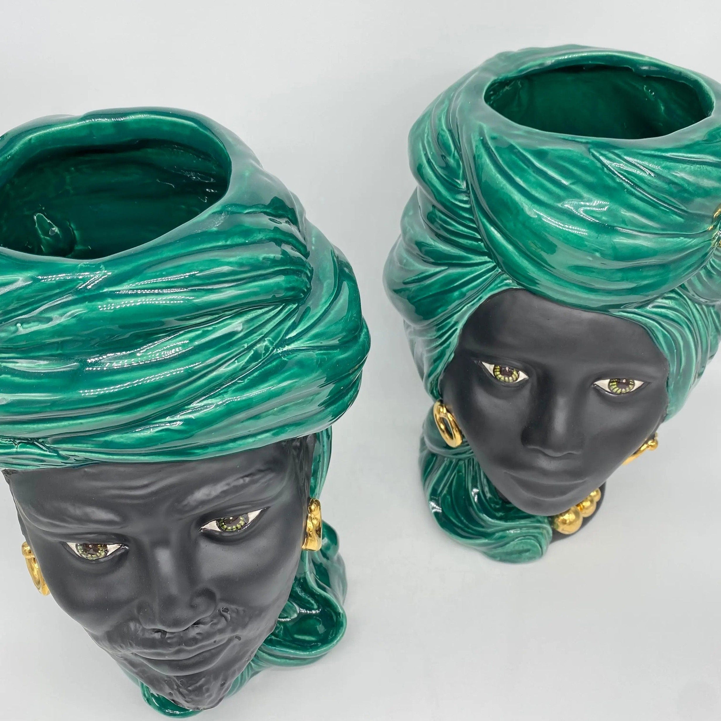 Teste di Moro Anubi Ceramica Caltagirone cm H.29 L.20 Artigianale Verde Nero Oro DD CERAMICHE SICILIANE