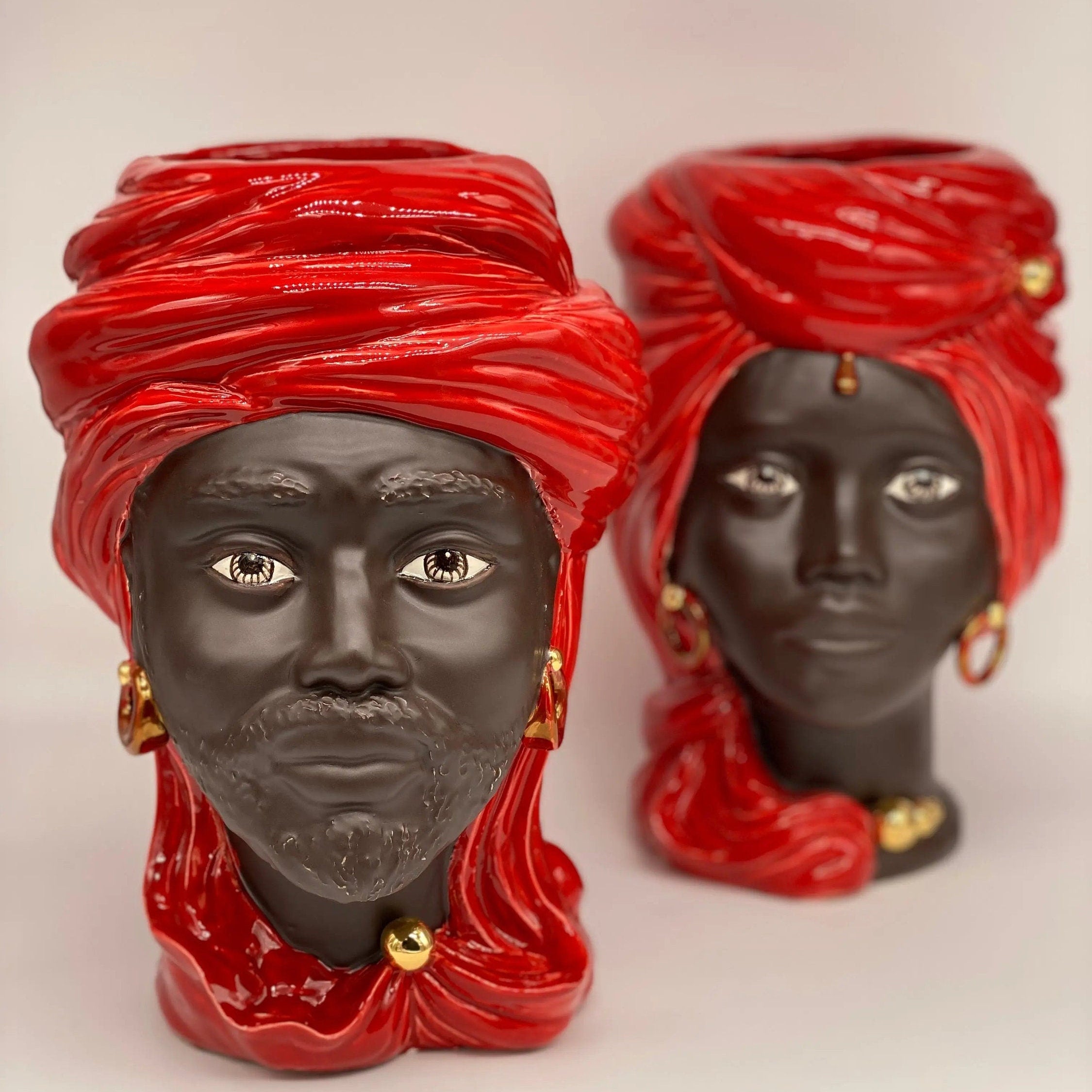 Teste di Moro Anubi Ceramica Caltagirone cm H.29 L.20 Artigianale Rosso Marrone Oro DD CERAMICHE SICILIANE