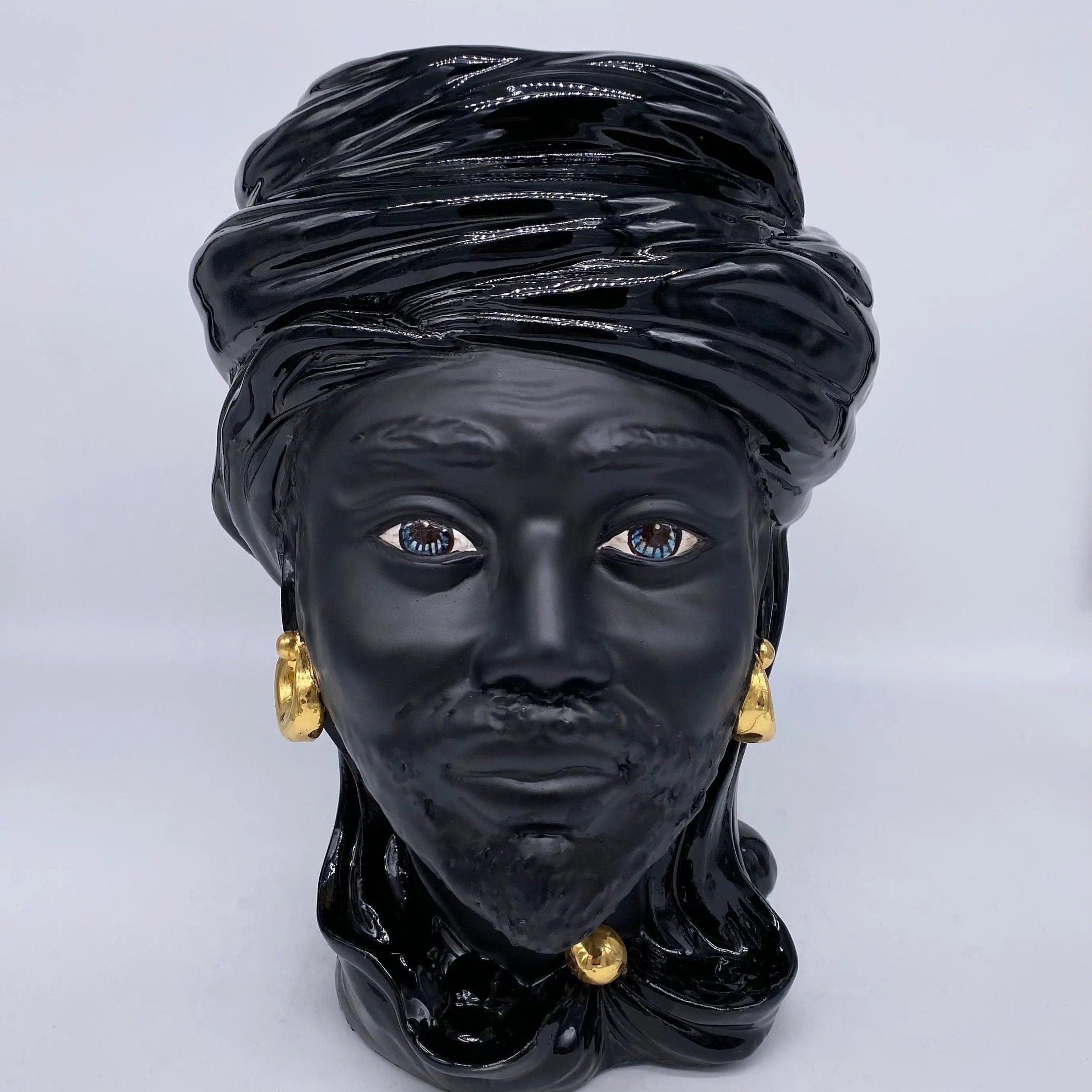 Teste di Moro Anubi Ceramica Caltagirone cm H.29 L.20 Artigianale Nero Oro DD CERAMICHE SICILIANE