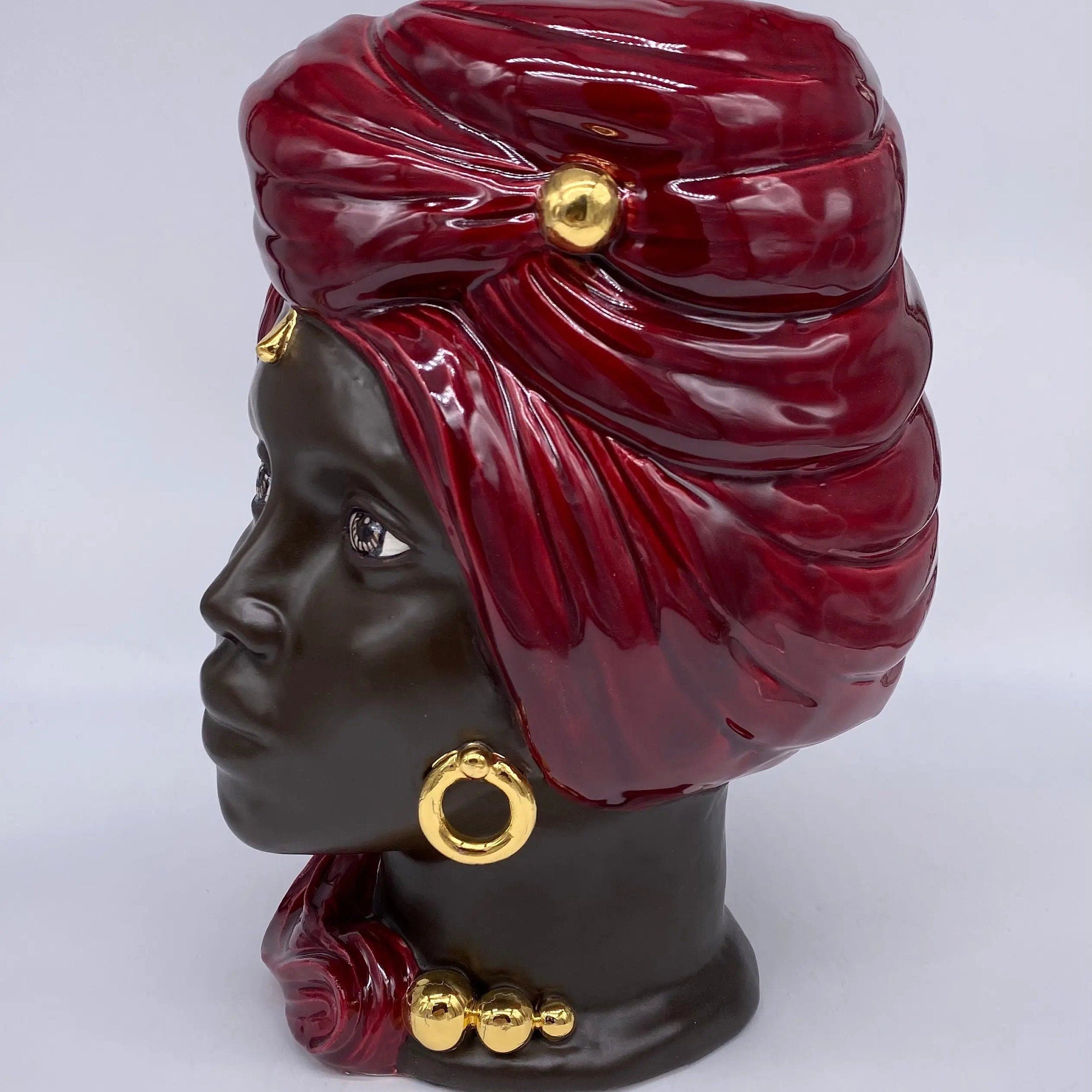 Teste di Moro Anubi Ceramica Caltagirone cm H.29 L.20 Artigianale Bordeaux Marrone Oro DD CERAMICHE SICILIANE