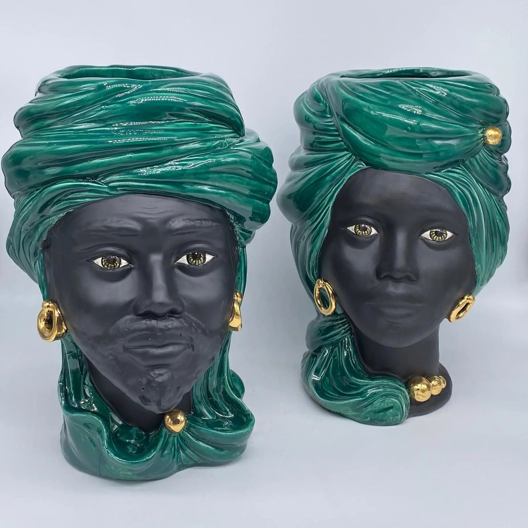 Teste di Moro Anubi Ceramica Caltagirone cm H.29 L.20 Artigianale Verde Nero Oro DD CERAMICHE SICILIANE