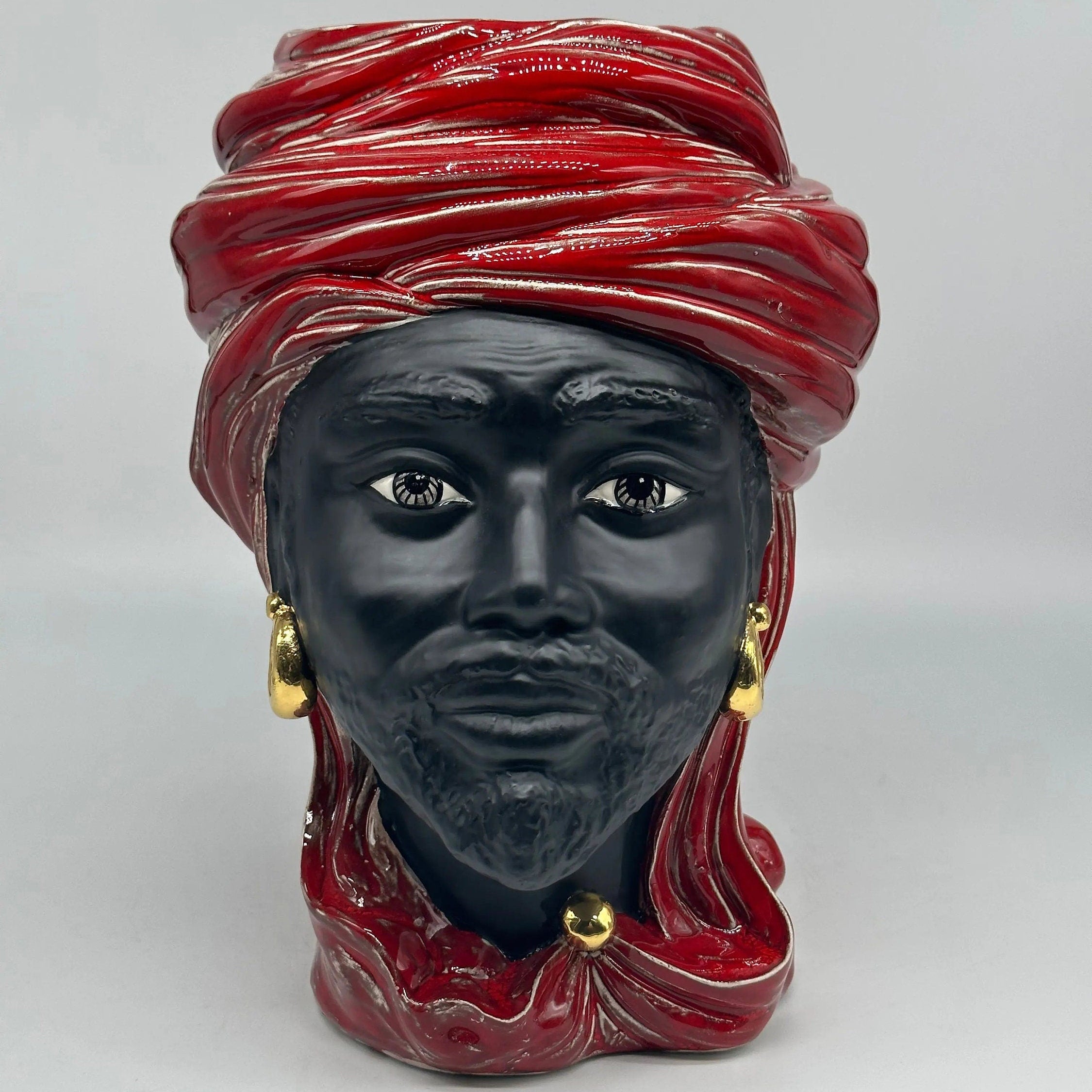 Teste di Moro Anubi Ceramica Caltagirone cm H.29 L.20 Artigianale Rosso Magma Oro DD CERAMICHE SICILIANE