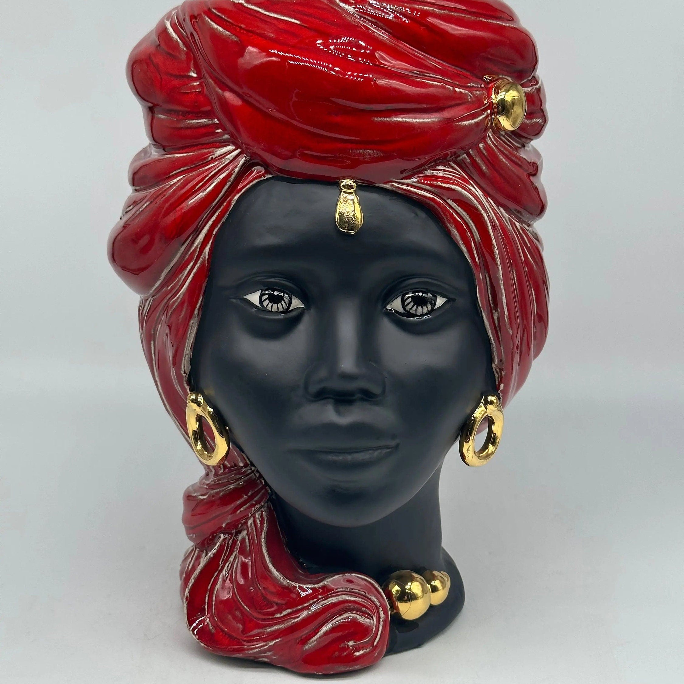 Teste di Moro Anubi Ceramica Caltagirone cm H.29 L.20 Artigianale Rosso Magma Oro DD CERAMICHE SICILIANE