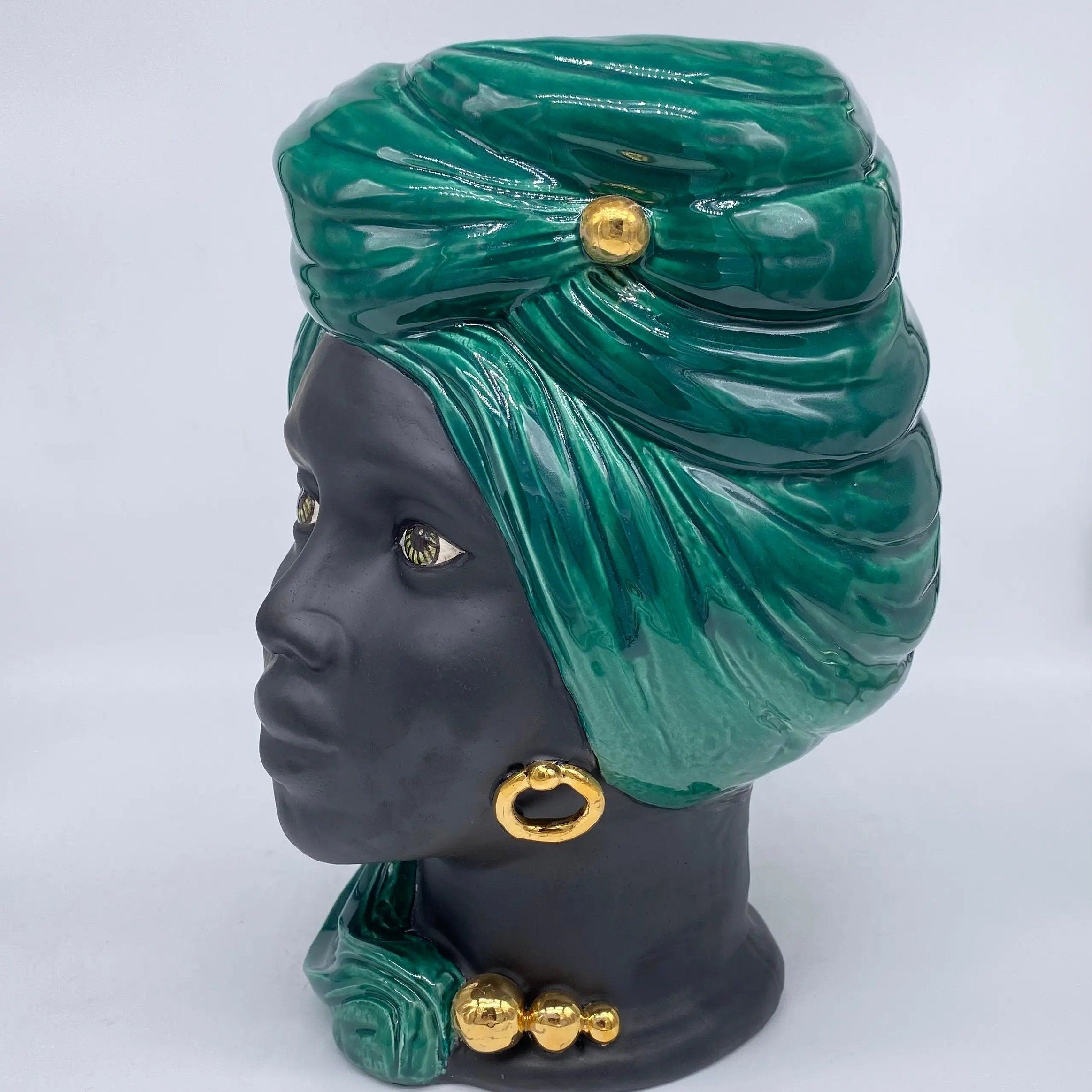 Teste di Moro Anubi Ceramica Caltagirone cm H.29 L.20 Artigianale Verde Nero Oro DD CERAMICHE SICILIANE