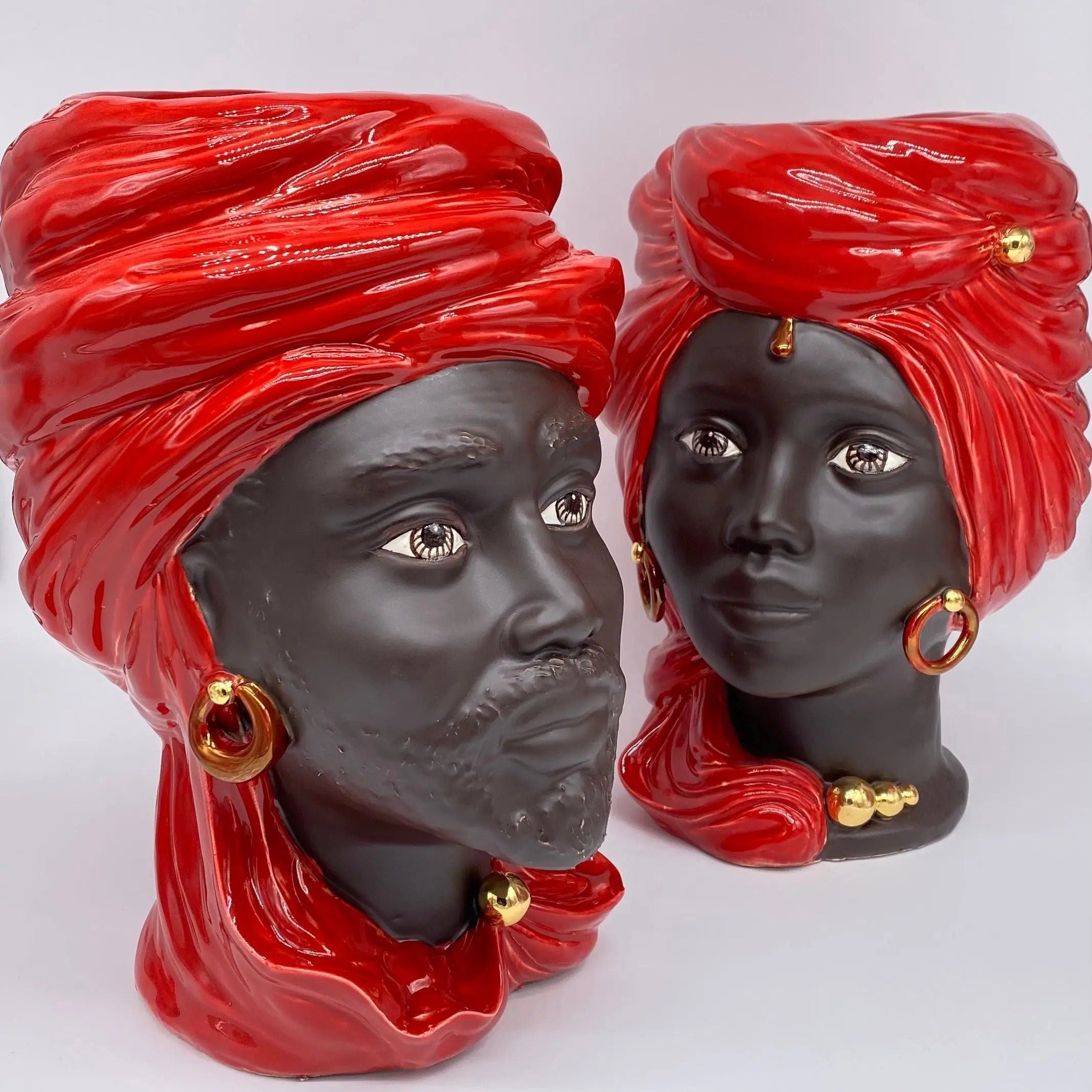 Teste di Moro Anubi Ceramica Caltagirone cm H.29 L.20 Artigianale Rosso Marrone Oro DD CERAMICHE SICILIANE