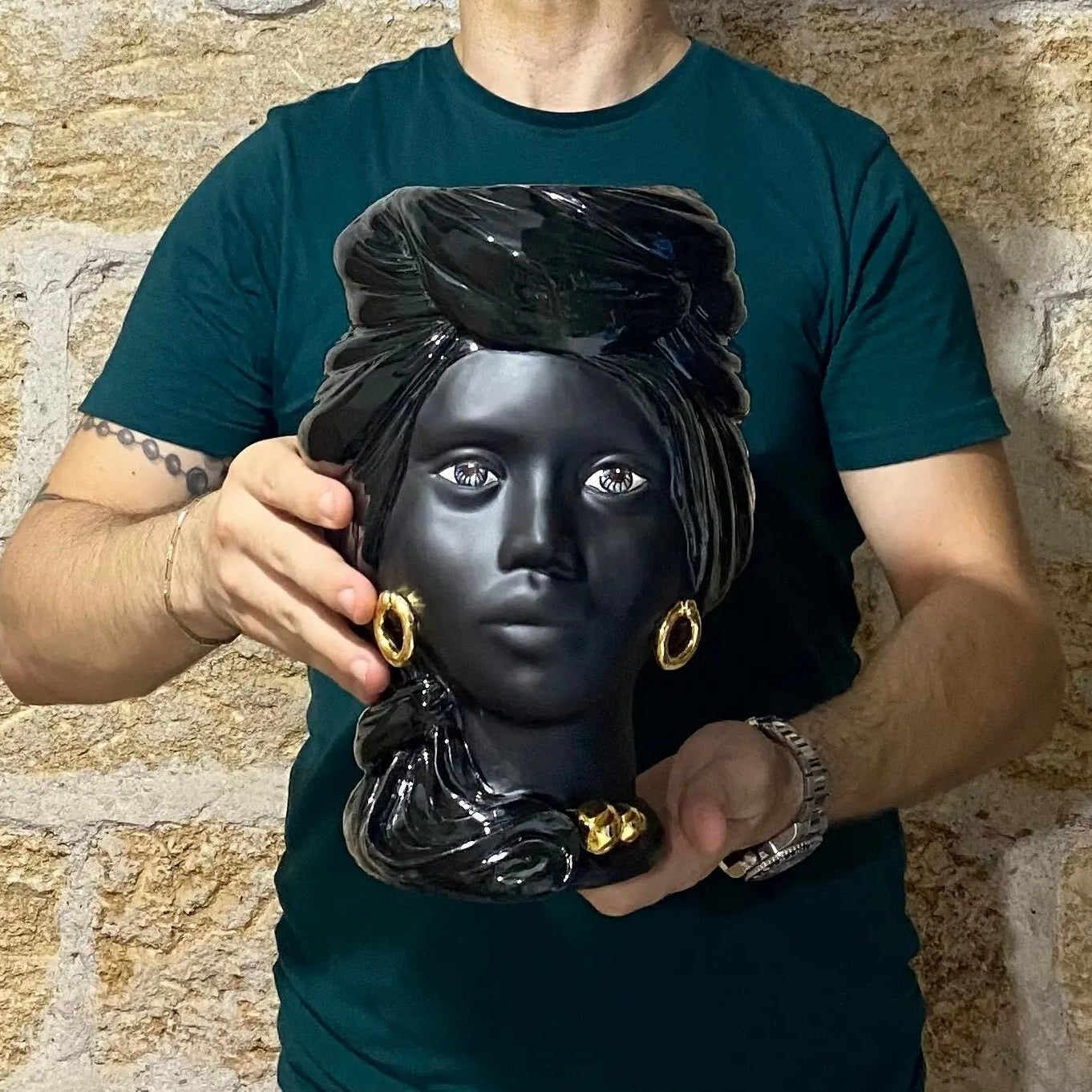 Teste di Moro Anubi Ceramica Caltagirone cm H.29 L.20 Artigianale Nero Oro DD CERAMICHE SICILIANE