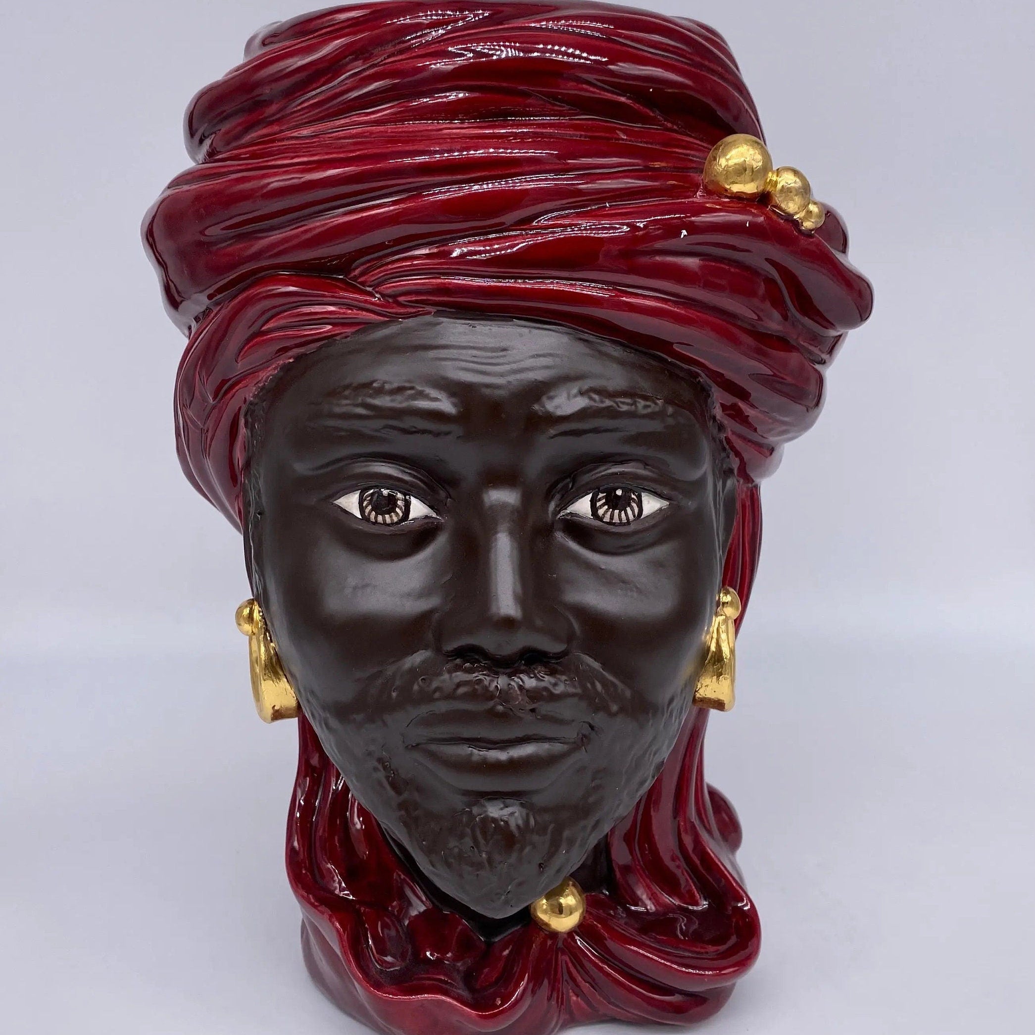 Teste di Moro Anubi Ceramica Caltagirone cm H.29 L.20 Artigianale Bordeaux Marrone Oro DD CERAMICHE SICILIANE