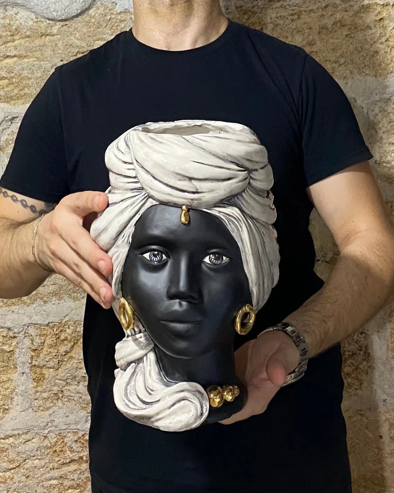 Teste di Moro Anubi Ceramica Caltagirone cm H.29 L.20 Artigianale Ghiaccio Nero Oro DD CERAMICHE SICILIANE