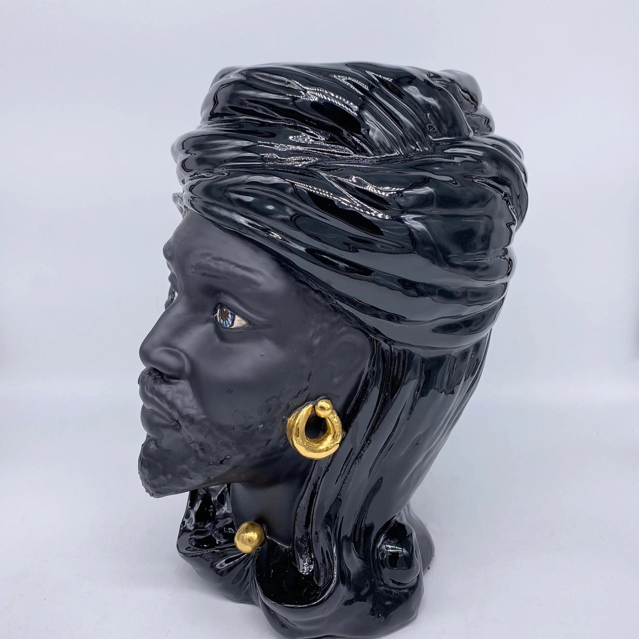 Teste di Moro Anubi Ceramica Caltagirone cm H.29 L.20 Artigianale Nero Oro DD CERAMICHE SICILIANE