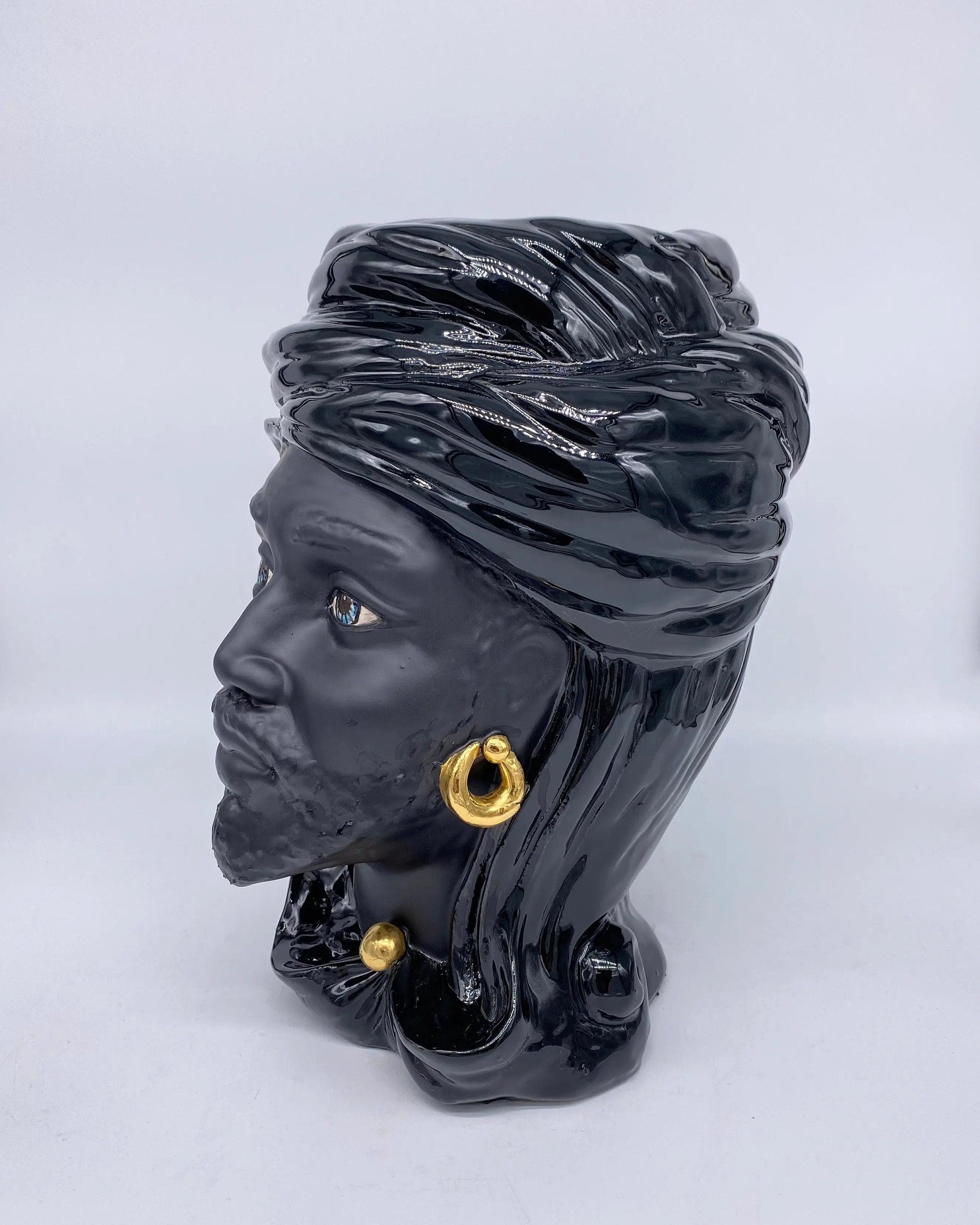 Teste di Moro Anubi Ceramica Caltagirone cm H.29 L.20 Artigianale Nero Oro DD CERAMICHE SICILIANE