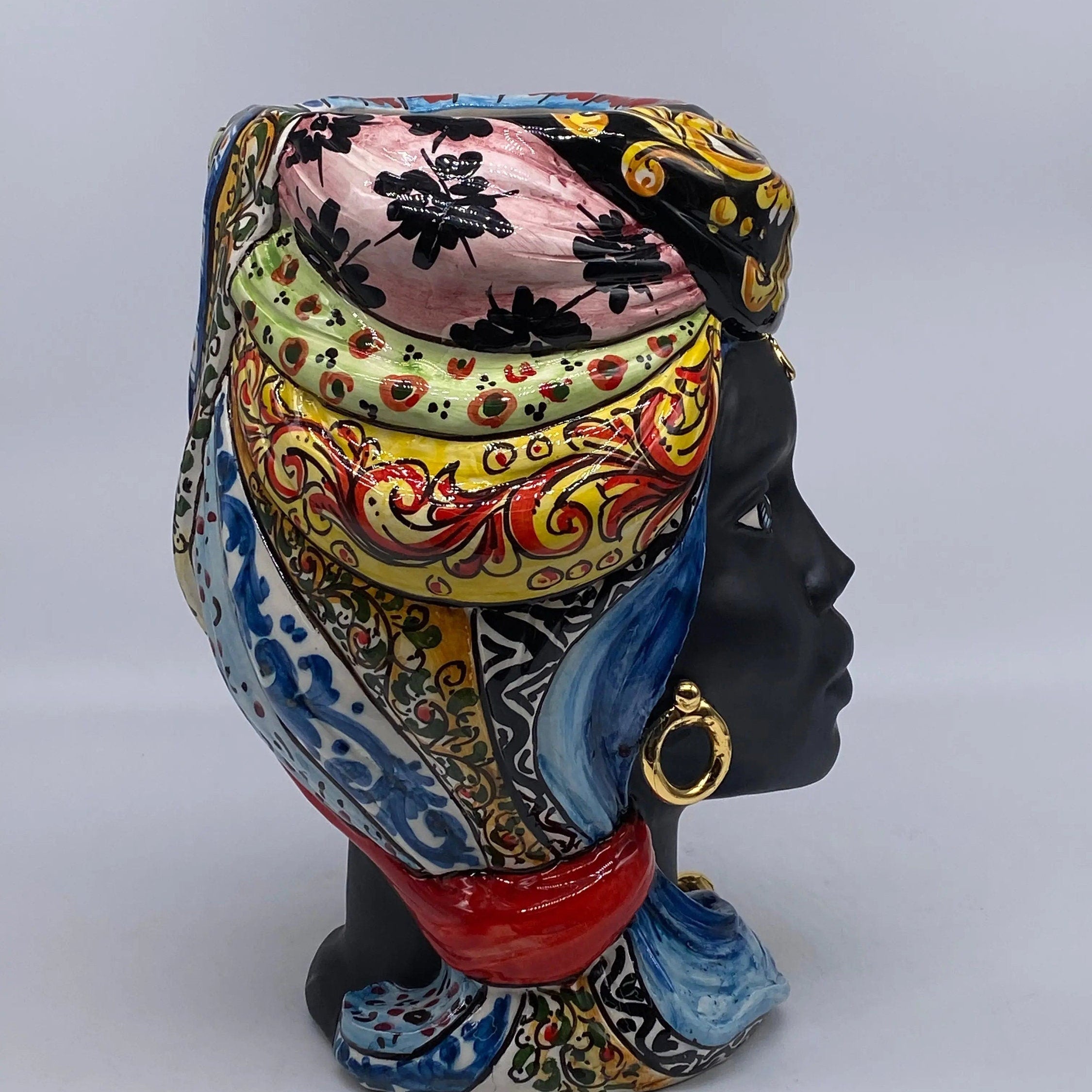 Teste di Moro Anubi Ceramica Caltagirone cm H.29 L.20 Artigianale “Carretto” DD CERAMICHE SICILIANE