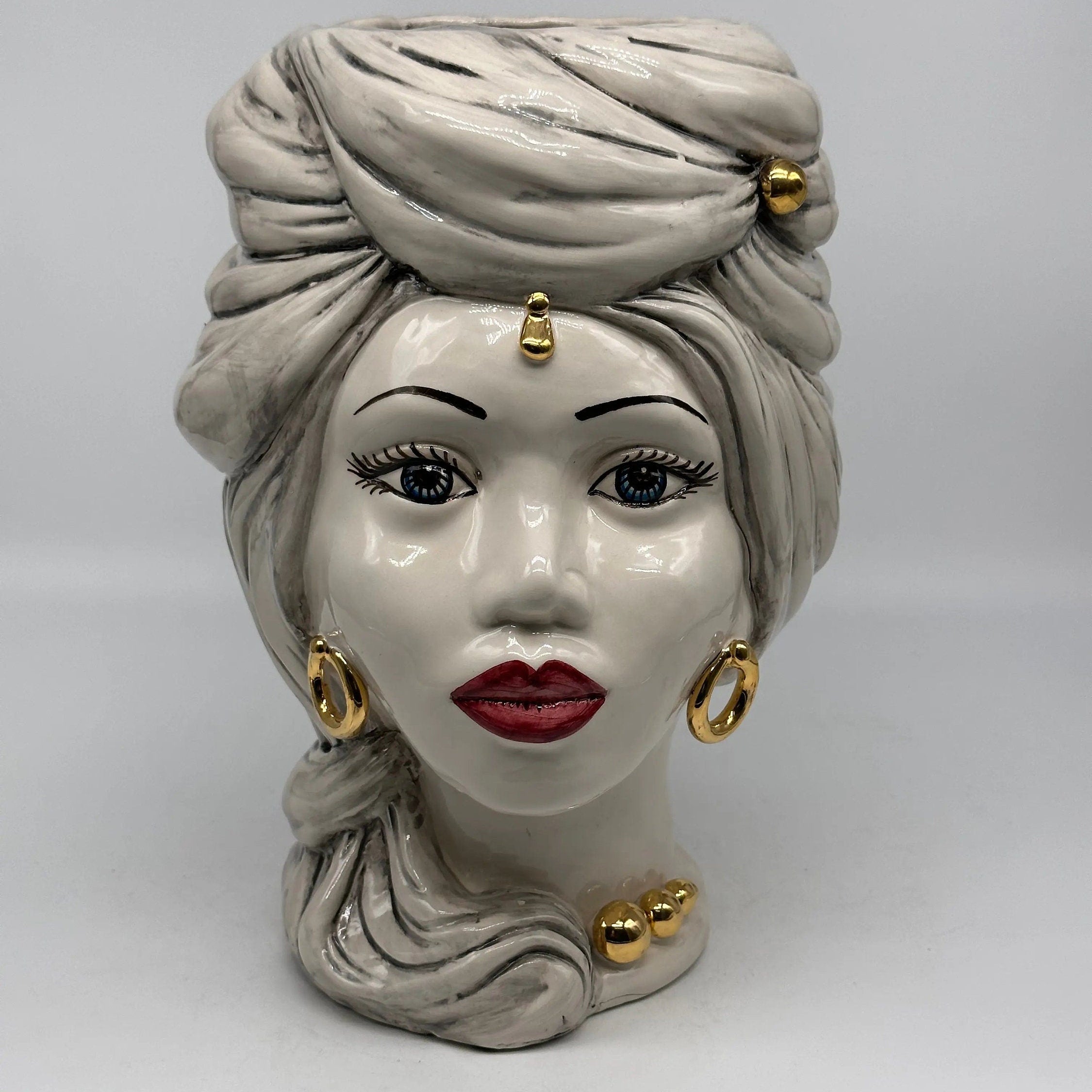 Teste di Moro Anubi Ceramica Caltagirone cm H.29 L.20 Artigianale Grigio Nero Oro DD CERAMICHE SICILIANE