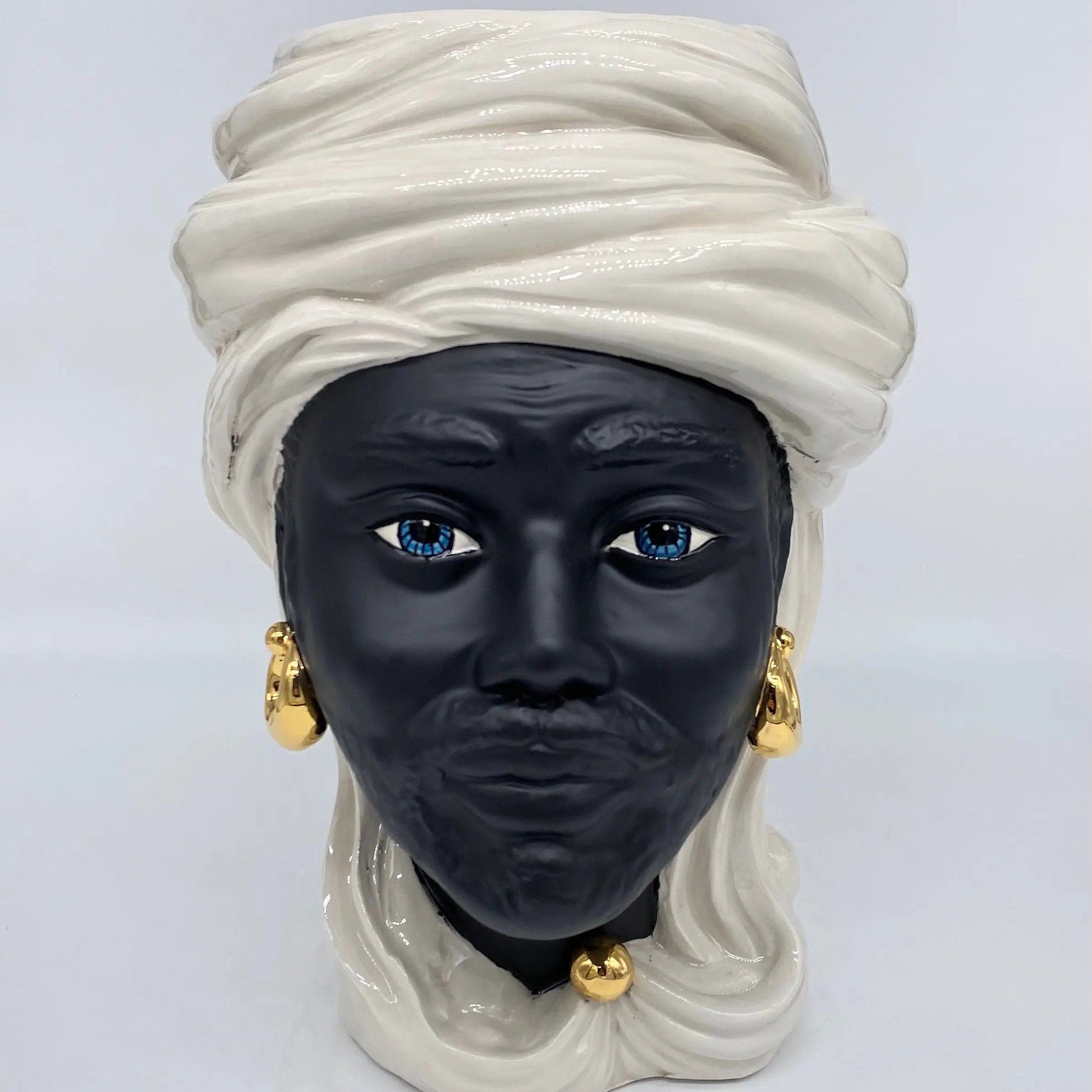 Teste di Moro Anubi Ceramica Caltagirone cm H.29 L.20 Artigianale Bianco Nero Oro DD CERAMICHE SICILIANE