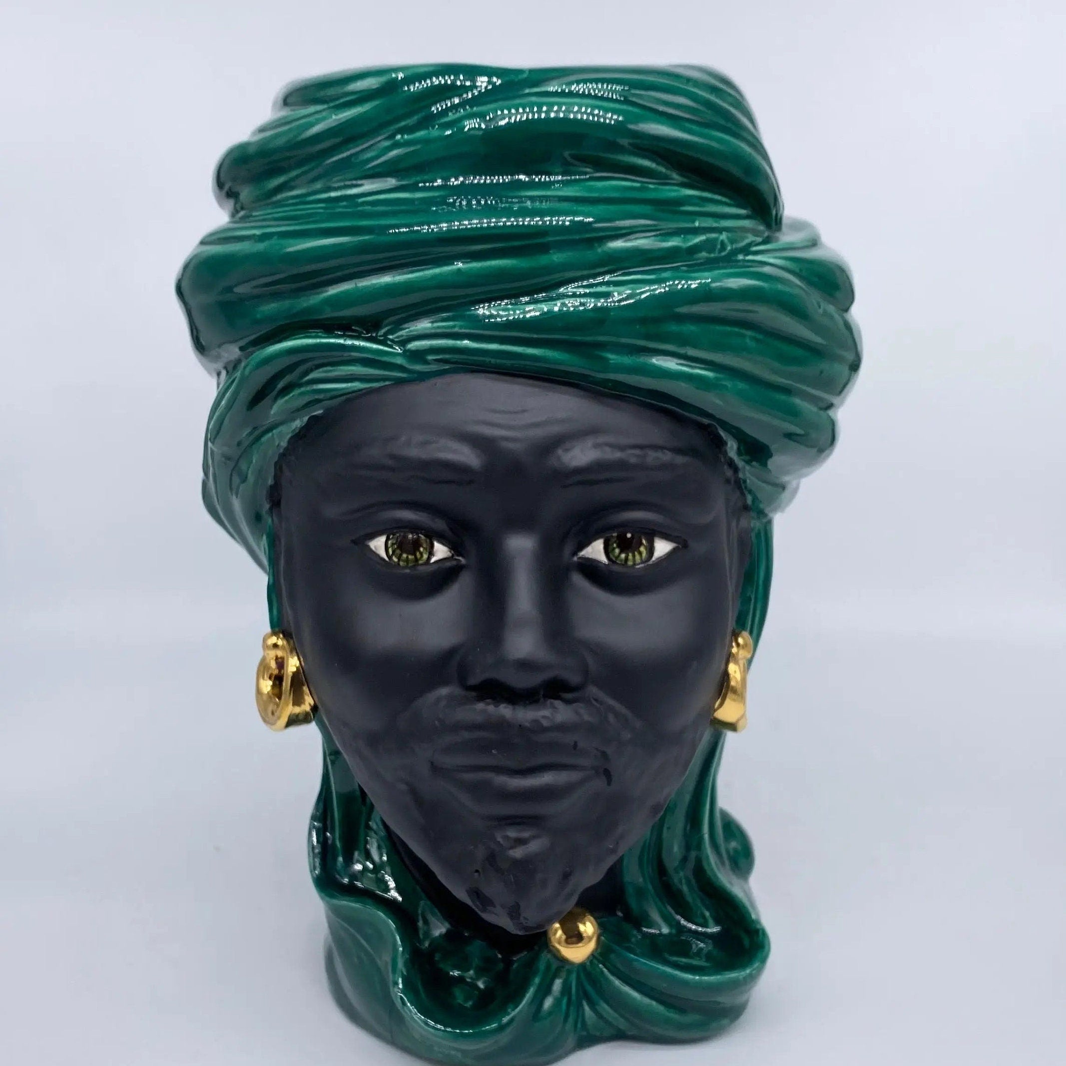 Teste di Moro Anubi Ceramica Caltagirone cm H.29 L.20 Artigianale Verde Nero Oro DD CERAMICHE SICILIANE