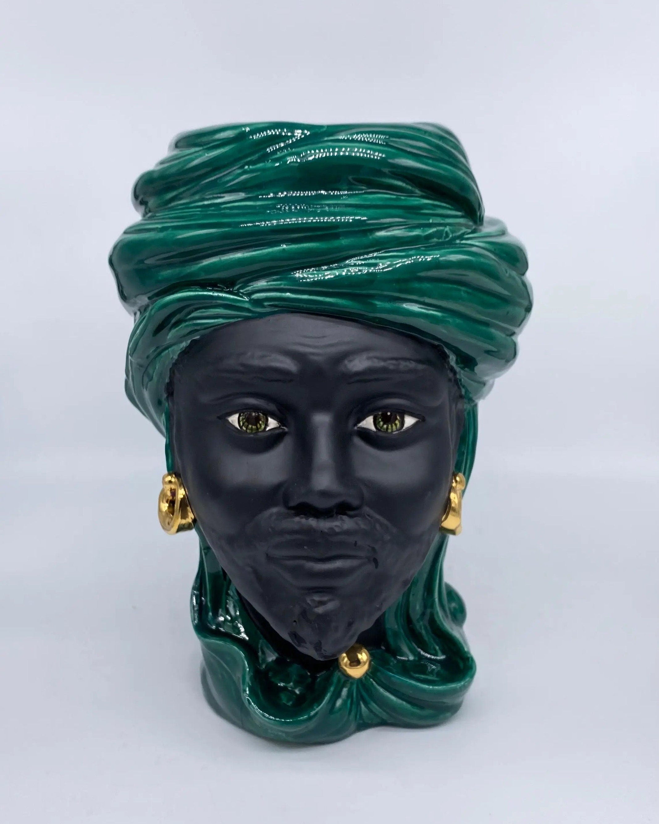 Teste di Moro Anubi Ceramica Caltagirone cm H.29 L.20 Artigianale Verde Nero Oro DD CERAMICHE SICILIANE