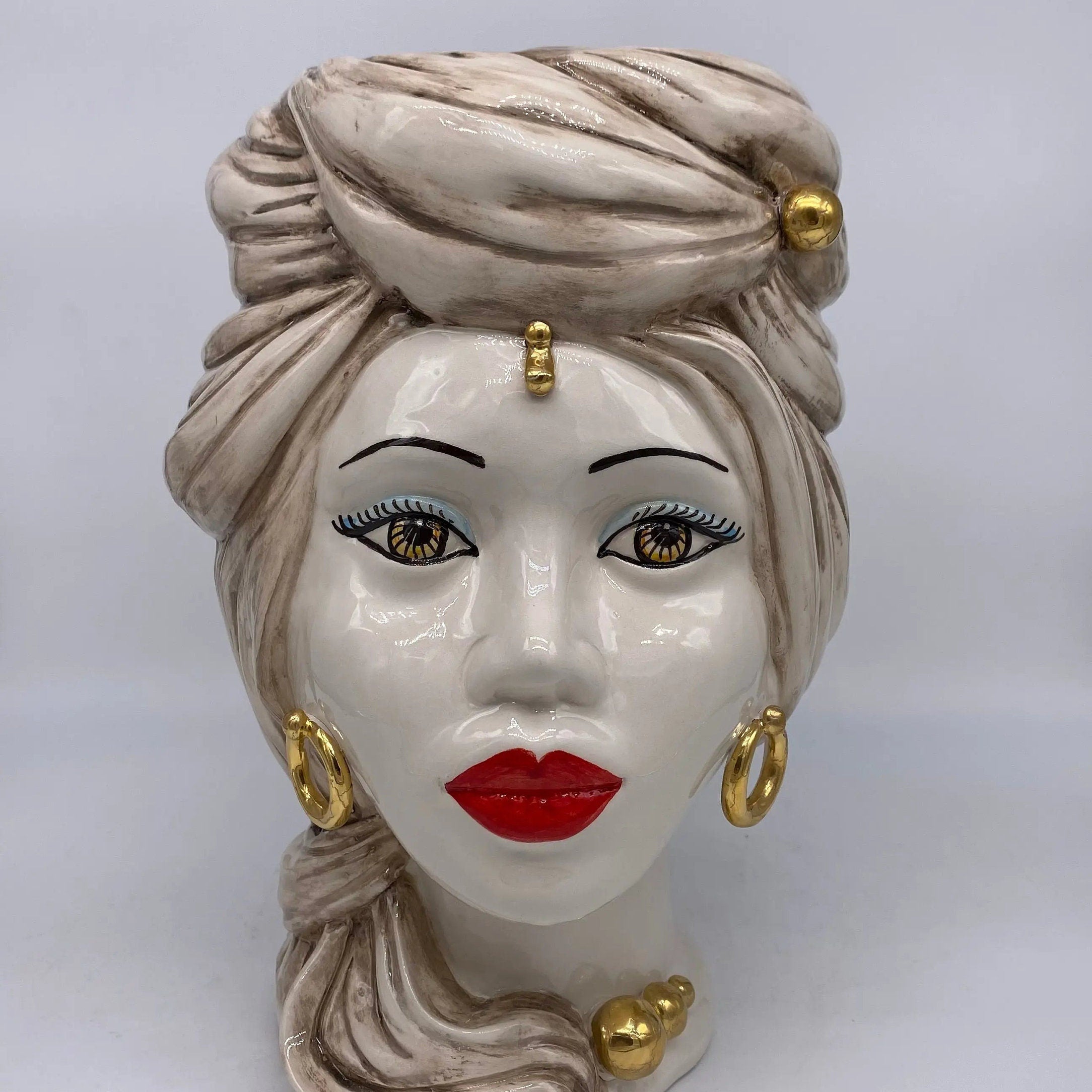 Teste di Moro Anubi Ceramica Caltagirone cm H.29 L.20 Artigianale Écru Beige Oro DD CERAMICHE SICILIANE