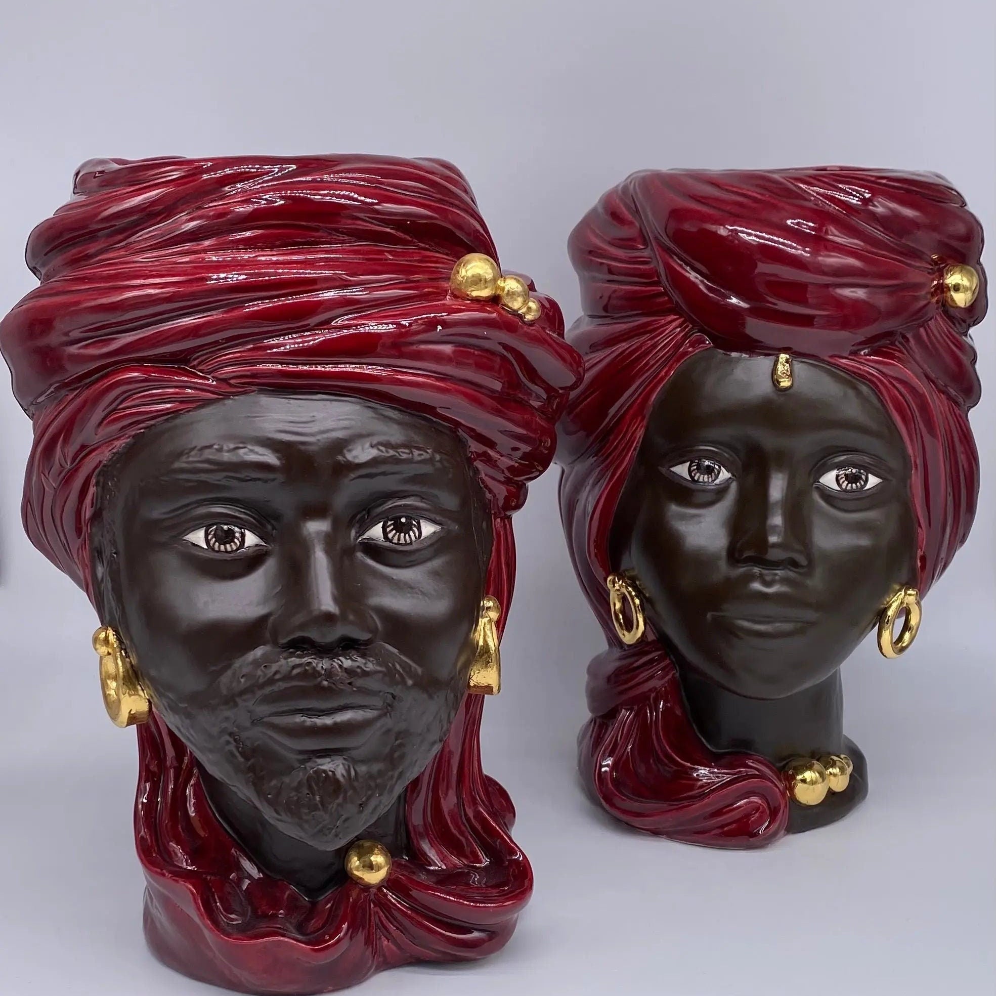 Teste di Moro Anubi Ceramica Caltagirone cm H.29 L.20 Artigianale Bordeaux Marrone Oro DD CERAMICHE SICILIANE