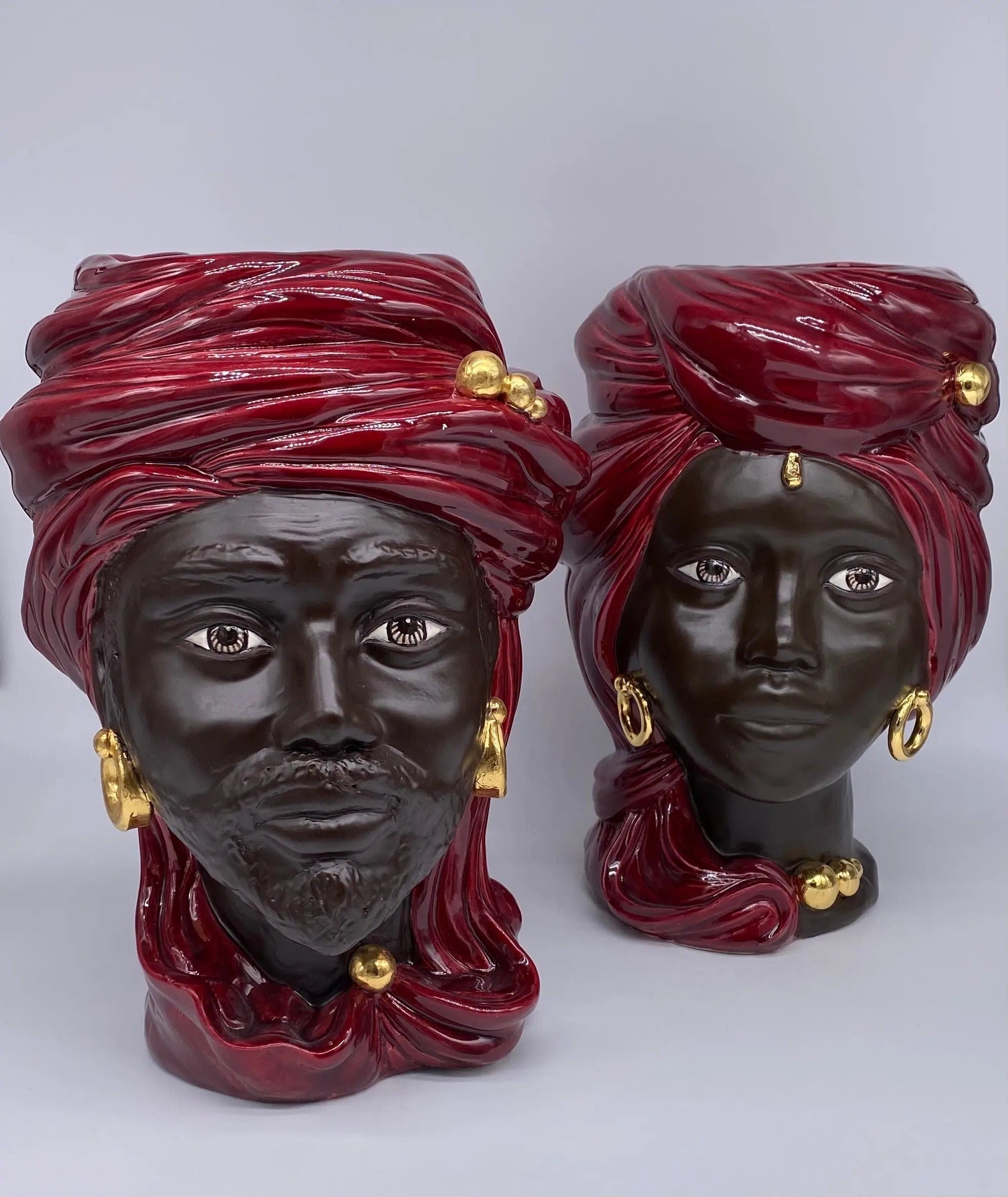 Teste di Moro Anubi Ceramica Caltagirone cm H.29 L.20 Artigianale Bordeaux Marrone Oro DD CERAMICHE SICILIANE