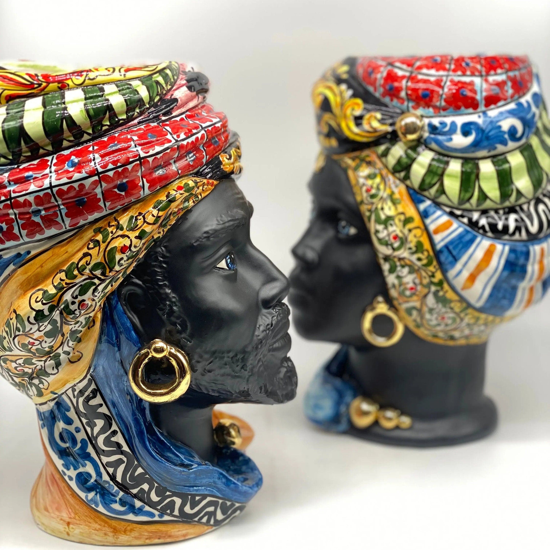 Teste di Moro Anubi Ceramica Caltagirone cm H.29 L.20 Artigianale “Carretto” DD CERAMICHE SICILIANE