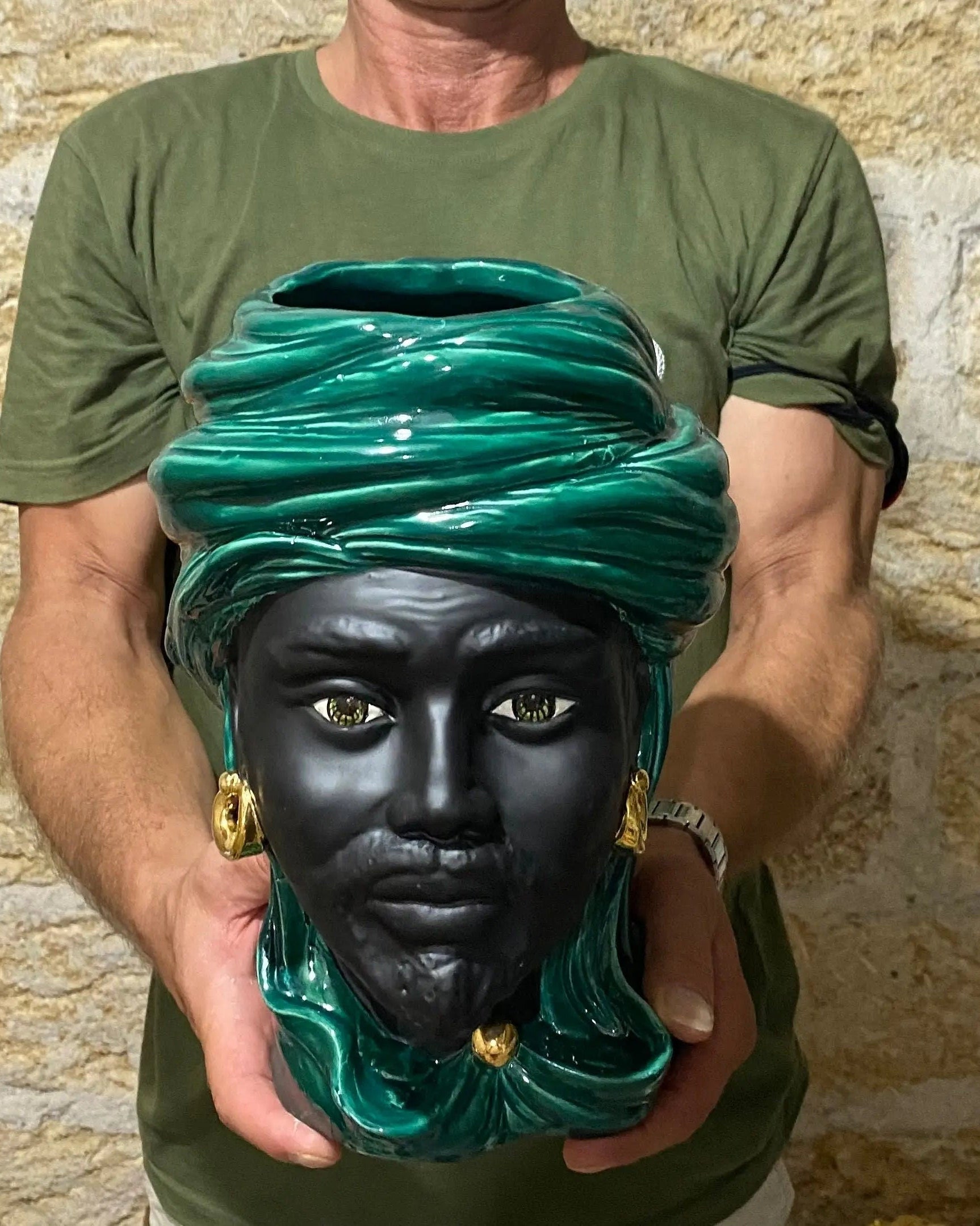 Teste di Moro Anubi Ceramica Caltagirone cm H.29 L.20 Artigianale Verde Nero Oro DD CERAMICHE SICILIANE