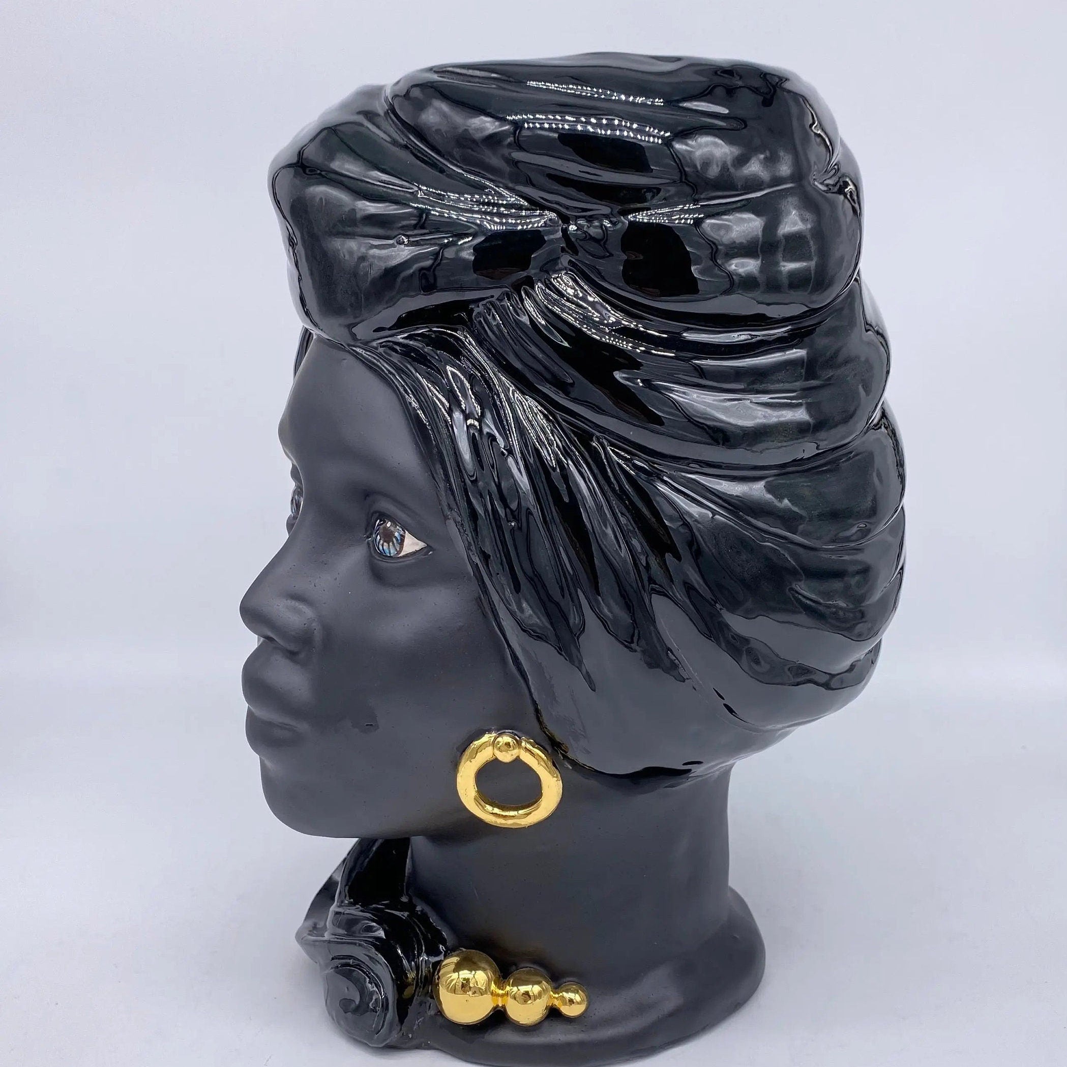 Teste di Moro Anubi Ceramica Caltagirone cm H.29 L.20 Artigianale Nero Oro DD CERAMICHE SICILIANE