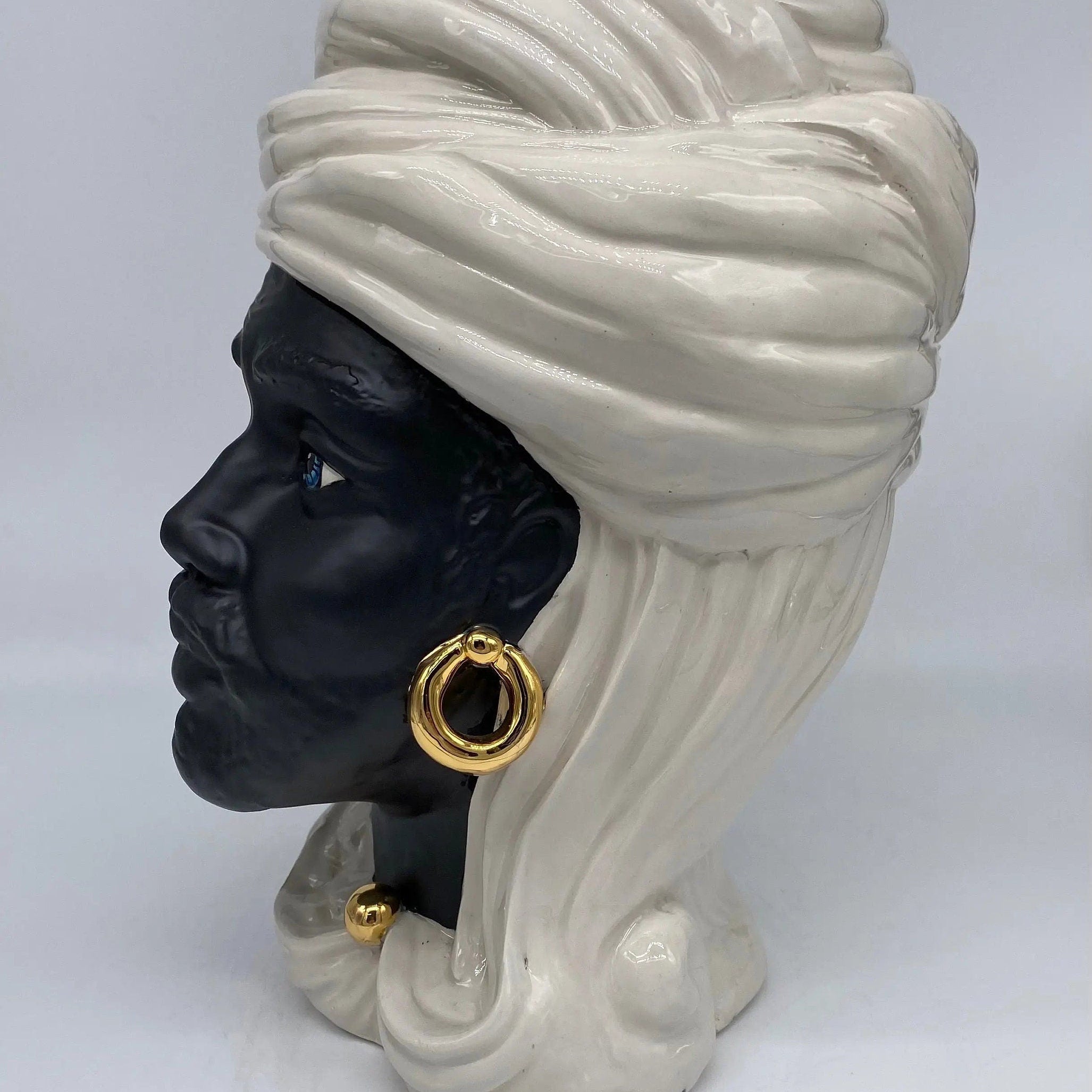 Teste di Moro Anubi Ceramica Caltagirone cm H.29 L.20 Artigianale Bianco Nero Oro DD CERAMICHE SICILIANE