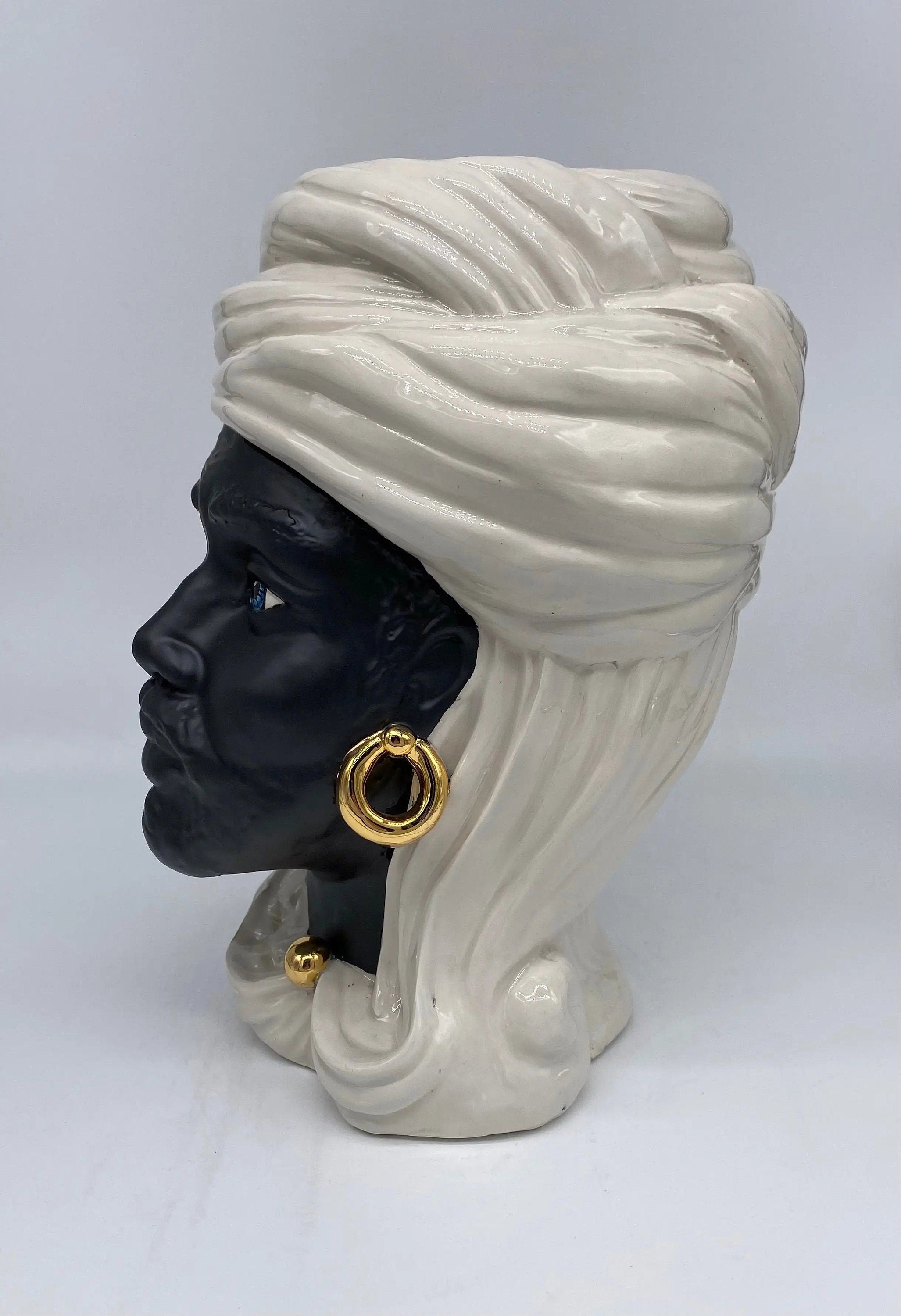 Teste di Moro Anubi Ceramica Caltagirone cm H.29 L.20 Artigianale Bianco Nero Oro DD CERAMICHE SICILIANE