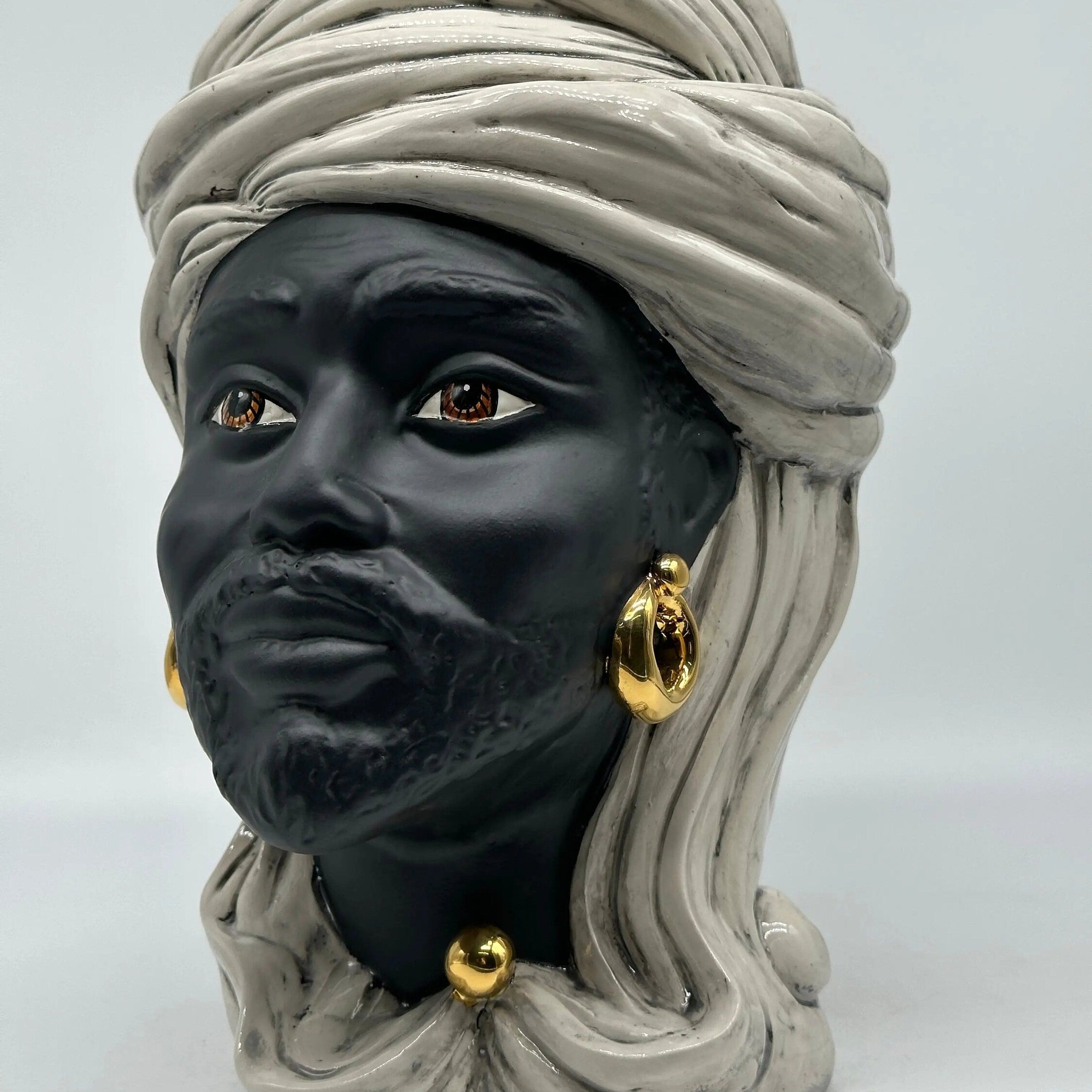 Teste di Moro Anubi Ceramica Caltagirone cm H.29 L.20 Artigianale Grigio Nero Oro DD CERAMICHE SICILIANE