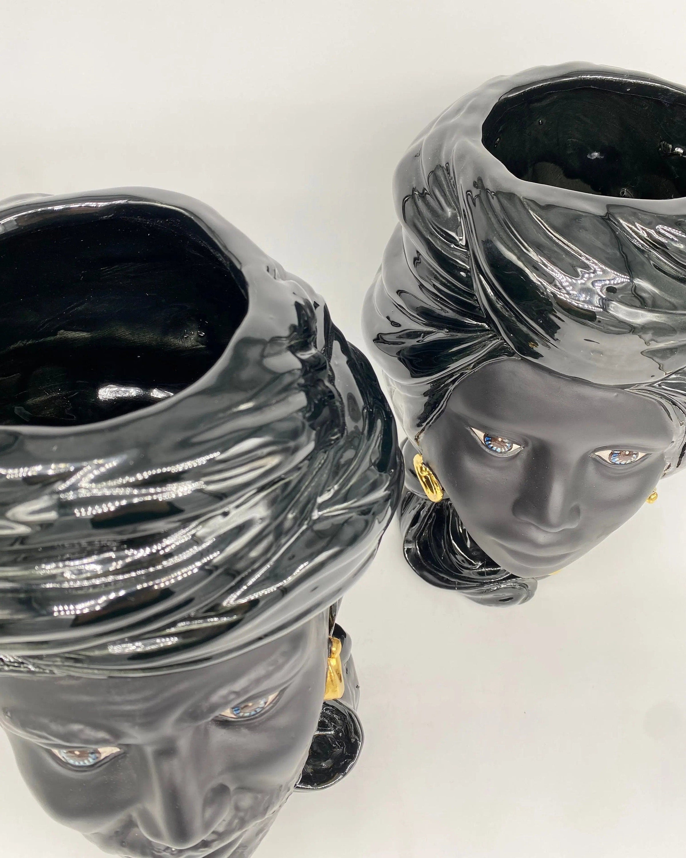 Teste di Moro Anubi Ceramica Caltagirone cm H.29 L.20 Artigianale Nero Oro DD CERAMICHE SICILIANE