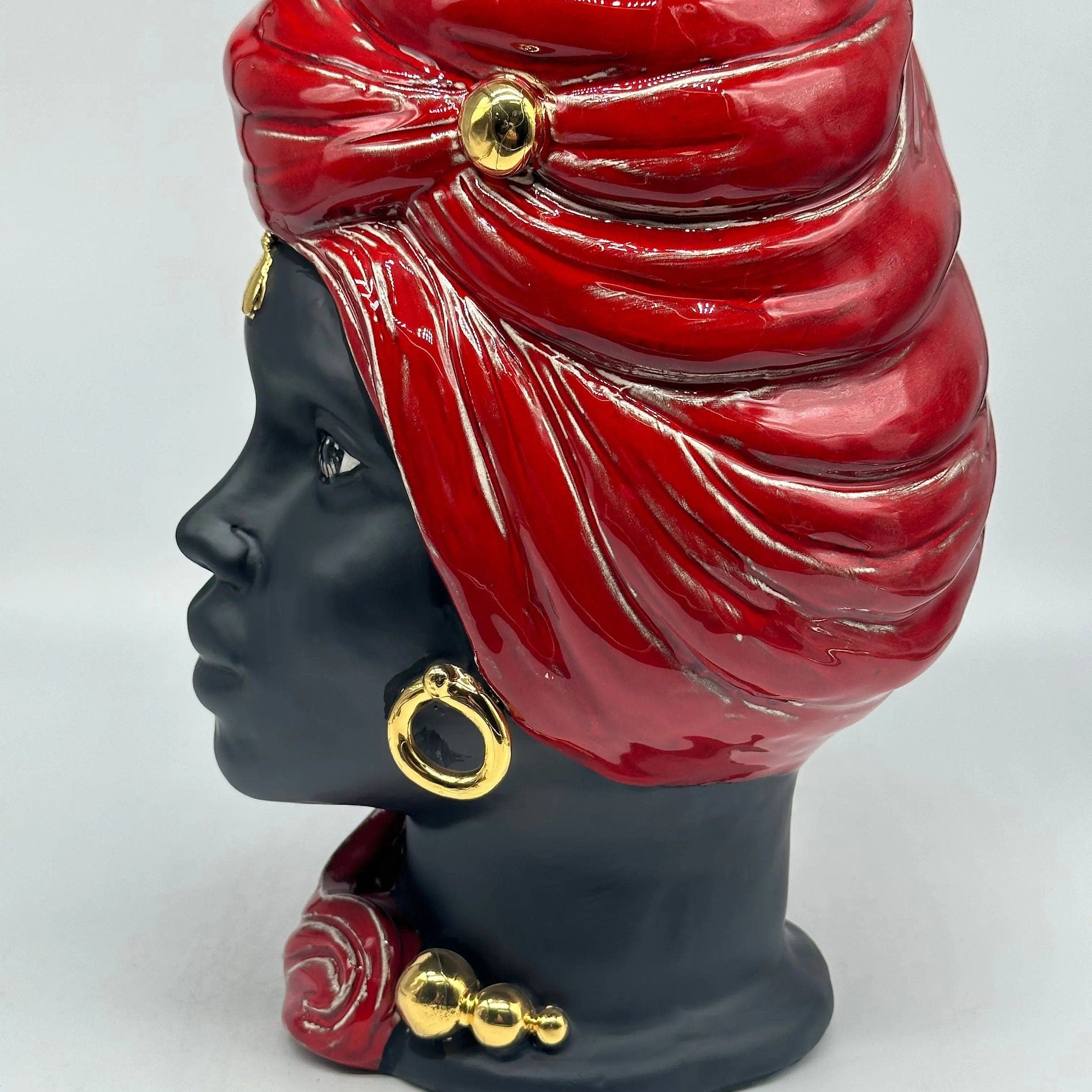 Teste di Moro Anubi Ceramica Caltagirone cm H.29 L.20 Artigianale Rosso Magma Oro DD CERAMICHE SICILIANE