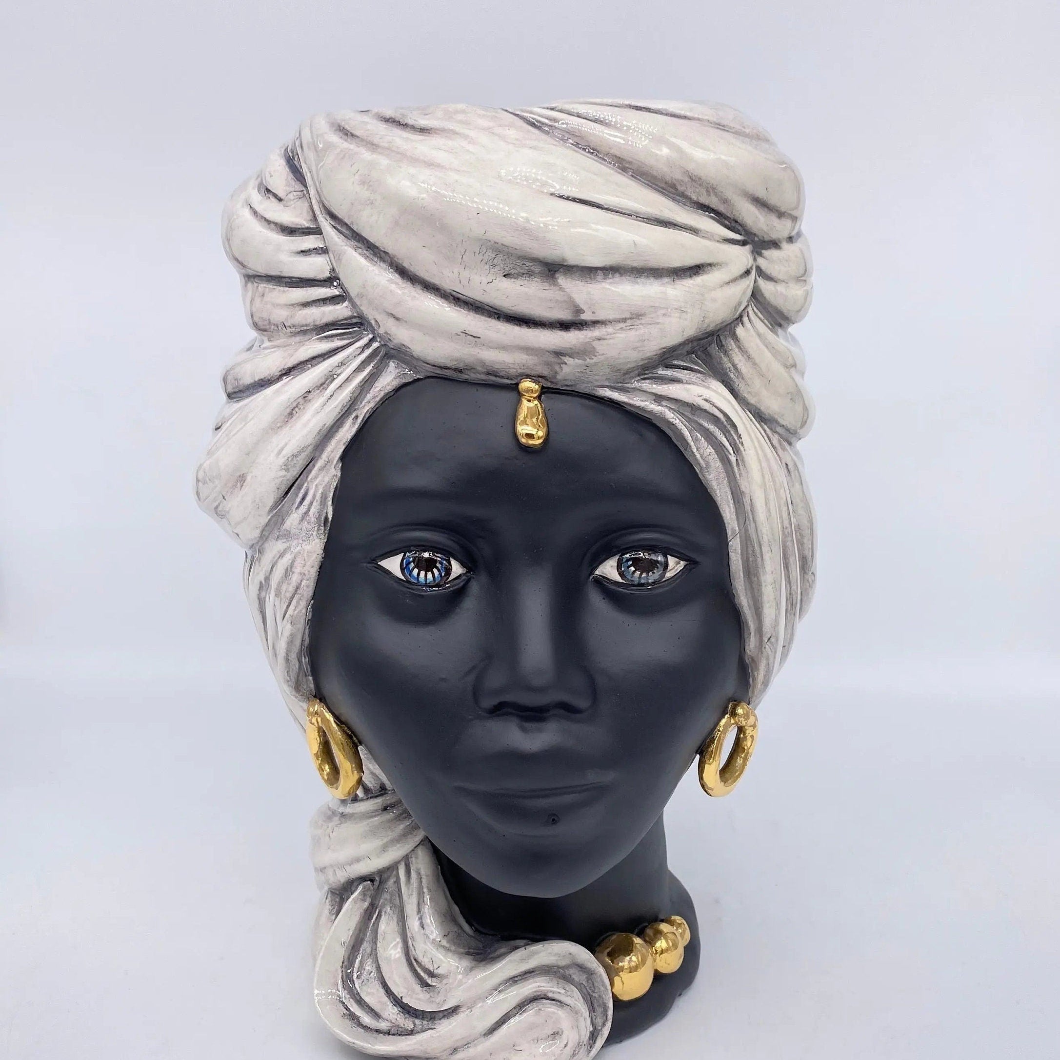 Teste di Moro Anubi Ceramica Caltagirone cm H.29 L.20 Artigianale Ghiaccio Nero Oro DD CERAMICHE SICILIANE