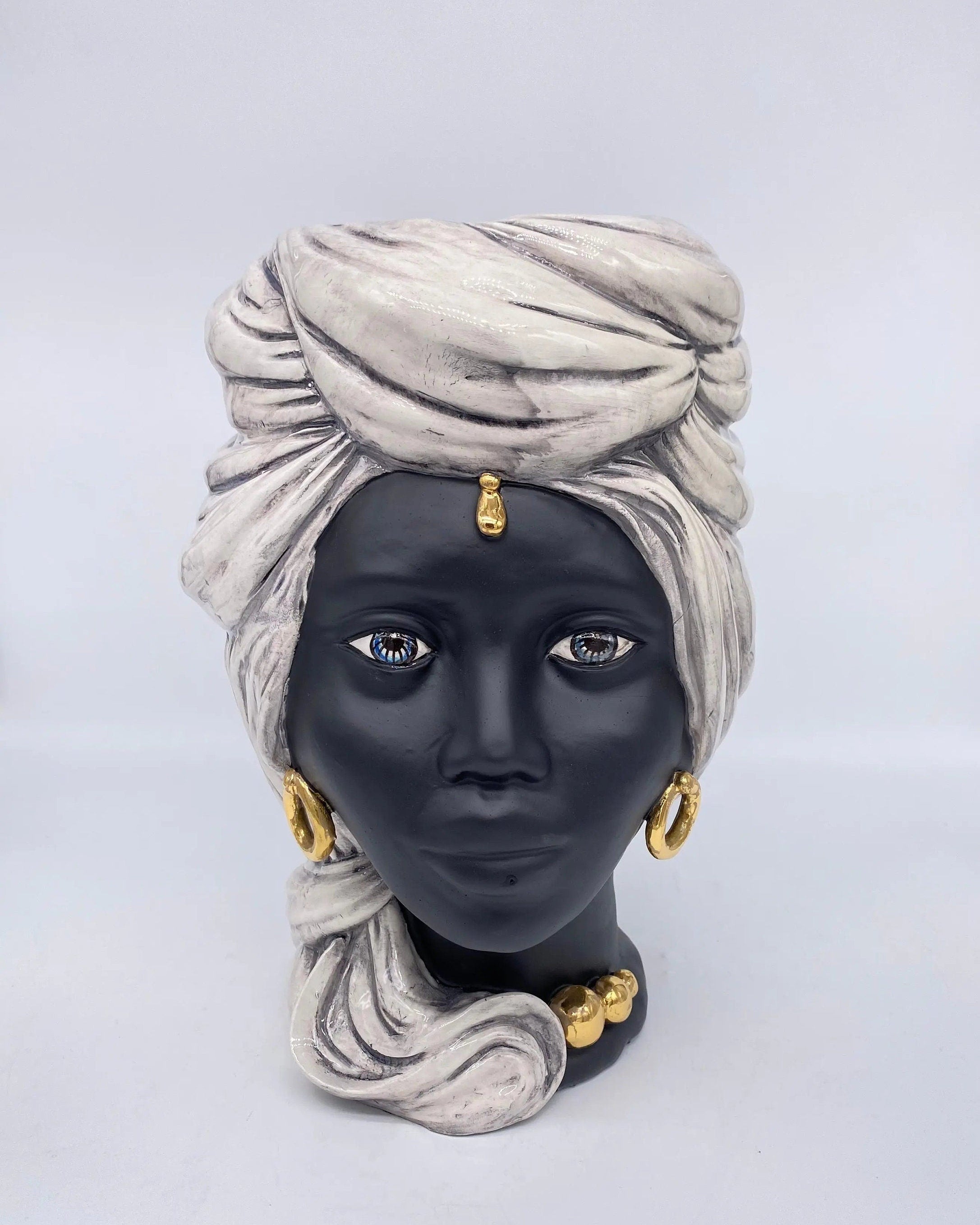 Teste di Moro Anubi Ceramica Caltagirone cm H.29 L.20 Artigianale Ghiaccio Nero Oro DD CERAMICHE SICILIANE