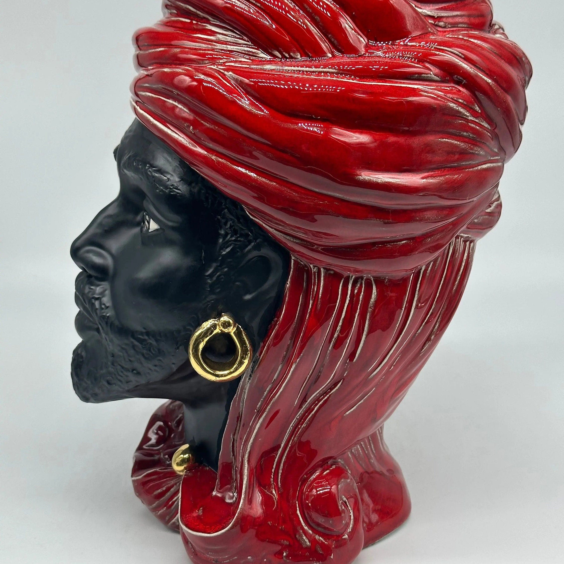 Teste di Moro Anubi Ceramica Caltagirone cm H.29 L.20 Artigianale Rosso Magma Oro DD CERAMICHE SICILIANE