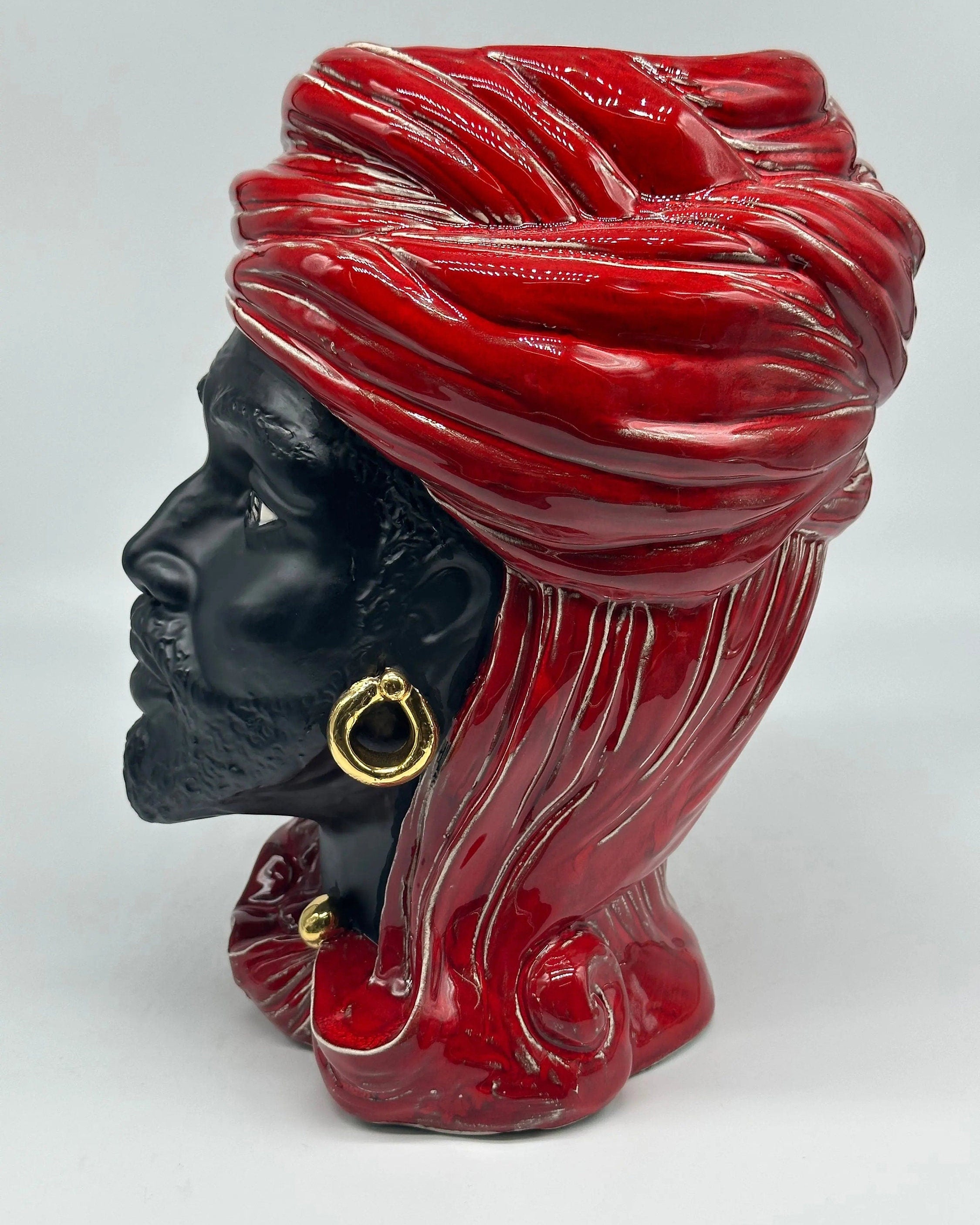 Teste di Moro Anubi Ceramica Caltagirone cm H.29 L.20 Artigianale Rosso Magma Oro DD CERAMICHE SICILIANE