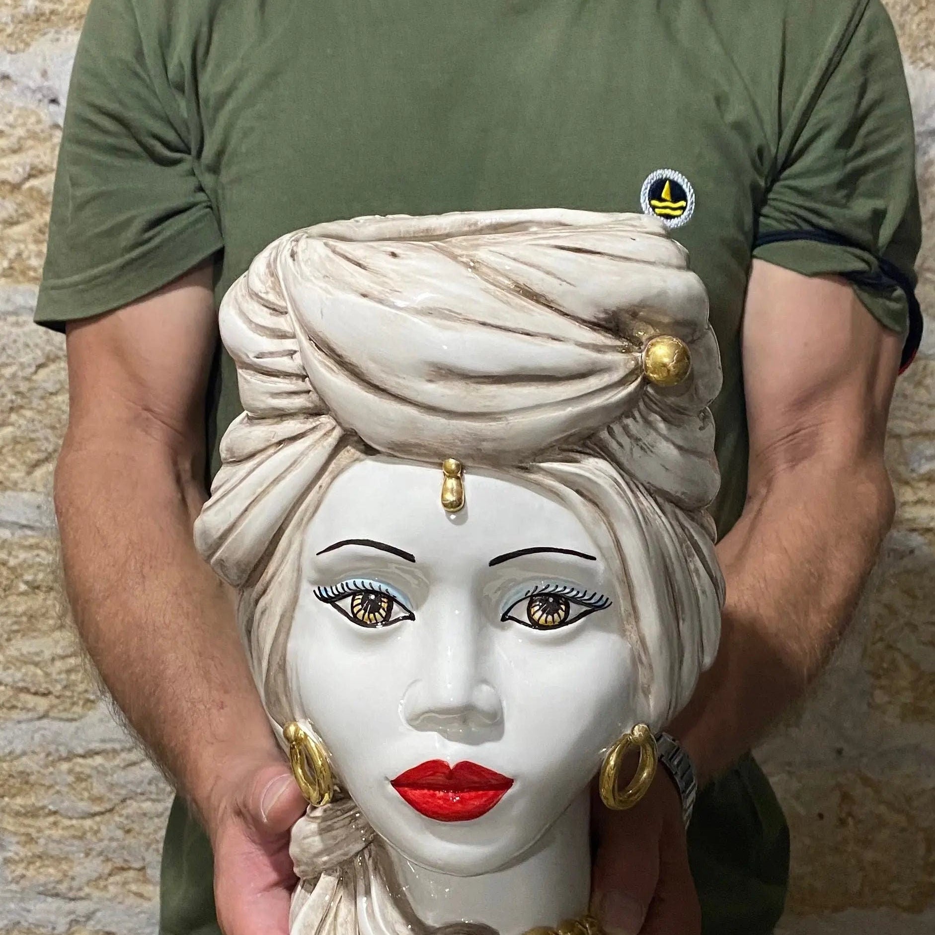 Teste di Moro Anubi Ceramica Caltagirone cm H.29 L.20 Artigianale Écru Beige Oro DD CERAMICHE SICILIANE